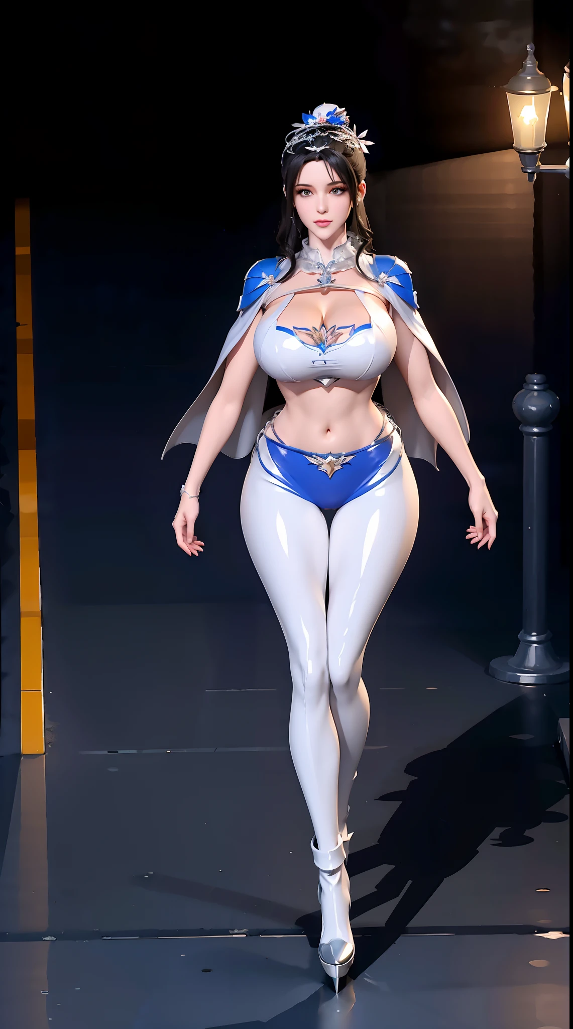 1GIRL, SOLO, COQUETTE, (HAIR ORNAMENT, NECKLACE), (HUGE FAKE BOOBS:1.3), (STREET CITY BACKGROUND), (ICE PHOENIX MECHA CROP TOP, ROYAL CAPE, CLEAVAGE:1.2), (SKINTIGHT YOGA HOTPANTS, HIGH HEELS:1.2), (PERFECT BODY, FULL BODY VIEW:1.5), (LOOKING AT VIEWER), (WALKING DOWN:1.2), MUSCLE ABS:1.3, ULTRA HIGHT DEFINITION, 8K, 1080P.