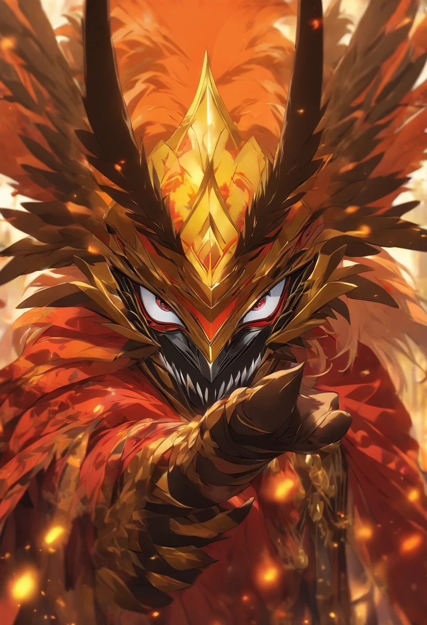 Person wearing a masquerade mask of bird claws, colors are orange and gold, razor sharp and vivid, masterpiece, best quality