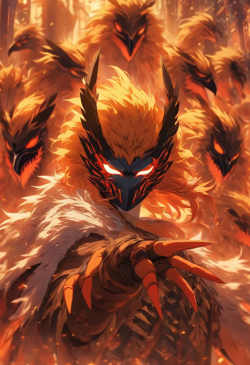 Person wearing a masquerade mask of bird claws, colors are orange and gold, razor sharp and vivid, masterpiece, best quality