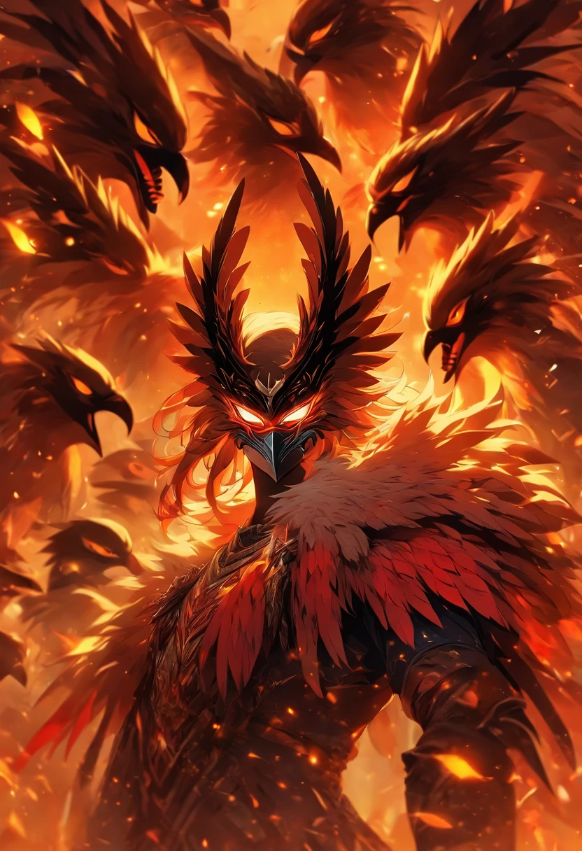 Person wearing a masquerade mask of bird claws, colors are orange and gold, razor sharp and vivid, masterpiece, best quality