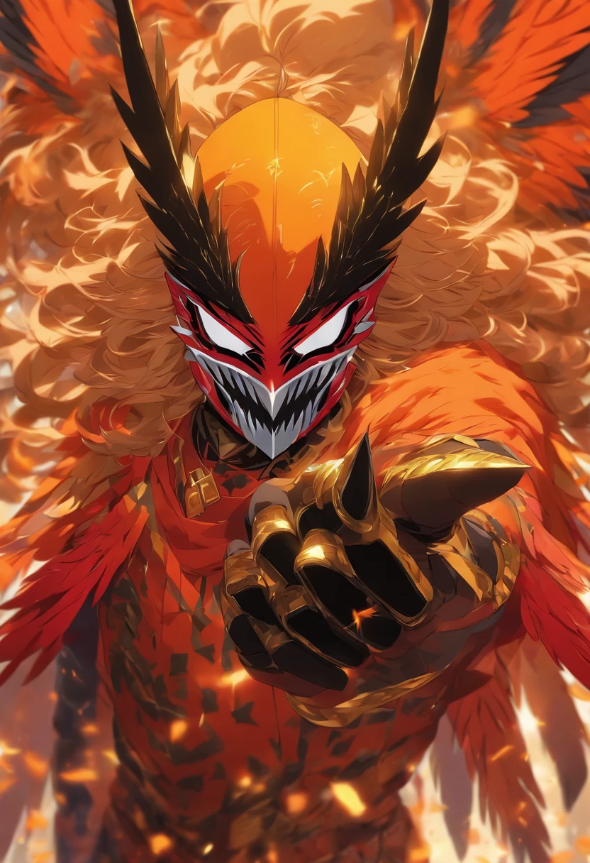 Person wearing a masquerade mask of bird claws, colors are orange and gold, razor sharp and vivid, masterpiece, best quality