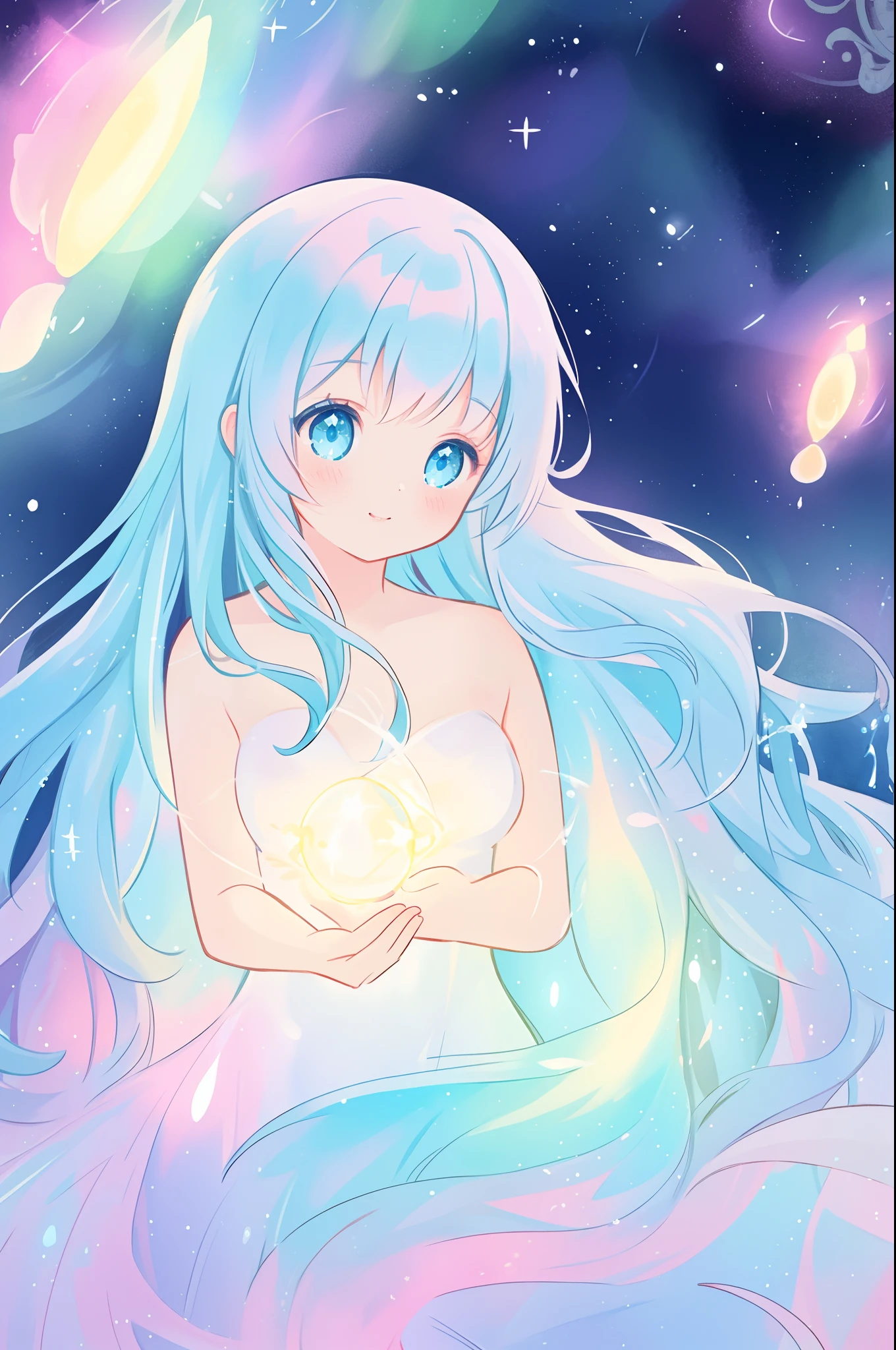 nude angel girl wearing an ethereal translucent dress, pale skin, ((blue mint wavy hair)), white feathers, angel wings, sparkling detailed eyes, golden ratio face, perfect composition, highly detailed, ethereal, (starry night sky background), midjourney style