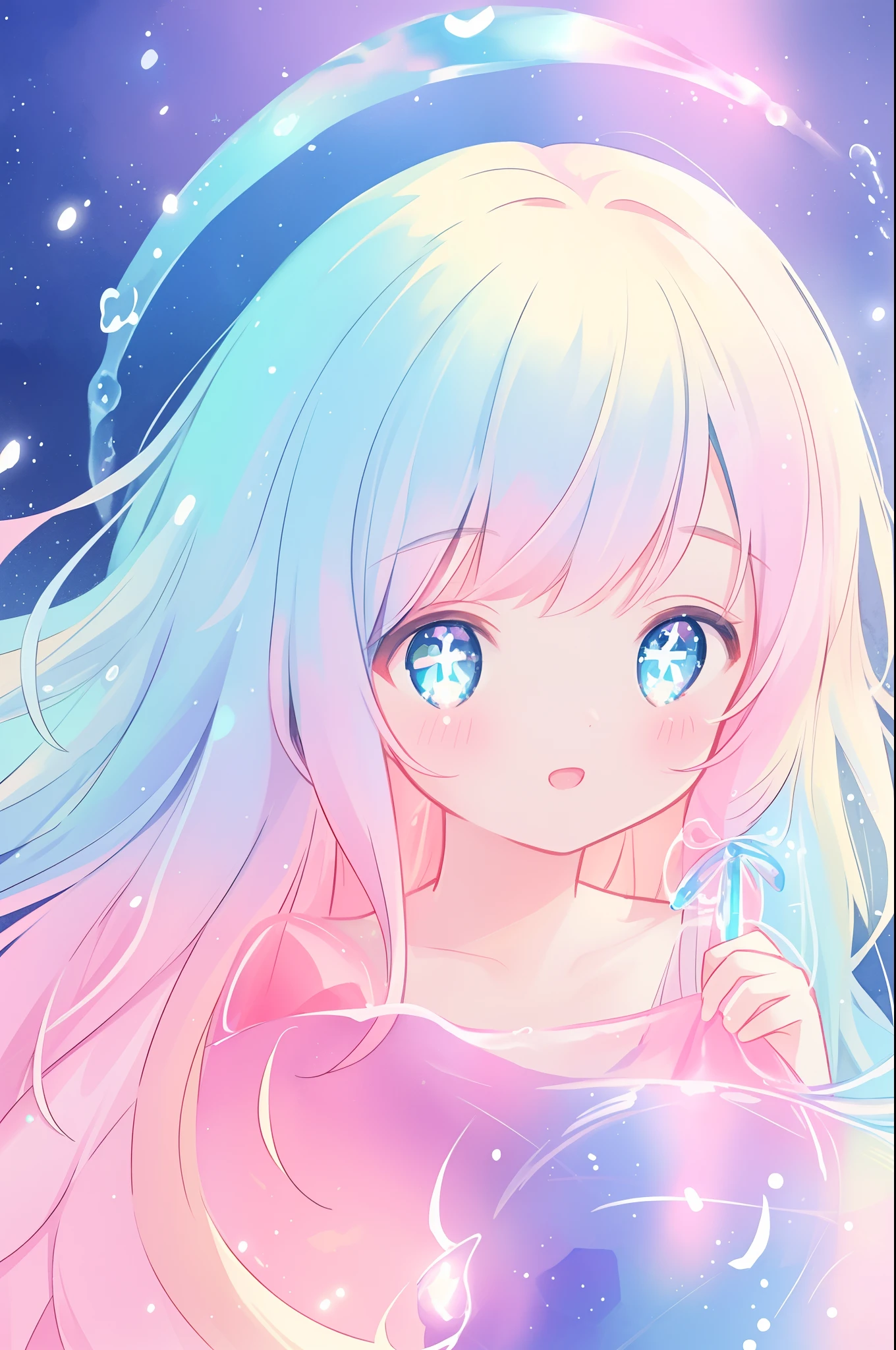 beautiful anime girl in colorful dress made of water, vibrant pastel colors, (colorful), magical liquid lights, colorful long hair made of liquid light, sparkling lines of light, inspired by Glen Keane, inspired by Lois van Baarle, disney art style, by Lois van Baarle, glowing aura around her, by Glen Keane, jen bartel, glowing lights! digital painting, flowing glowing hair, glowing flowing hair, beautiful digital illustration, fantasia background, whimsical, magical, fantasy, beautiful face, ((masterpiece, best quality)), intricate details, highly detailed, sharp focus, 8k resolution, sparkling detailed eyes, liquid watercolor