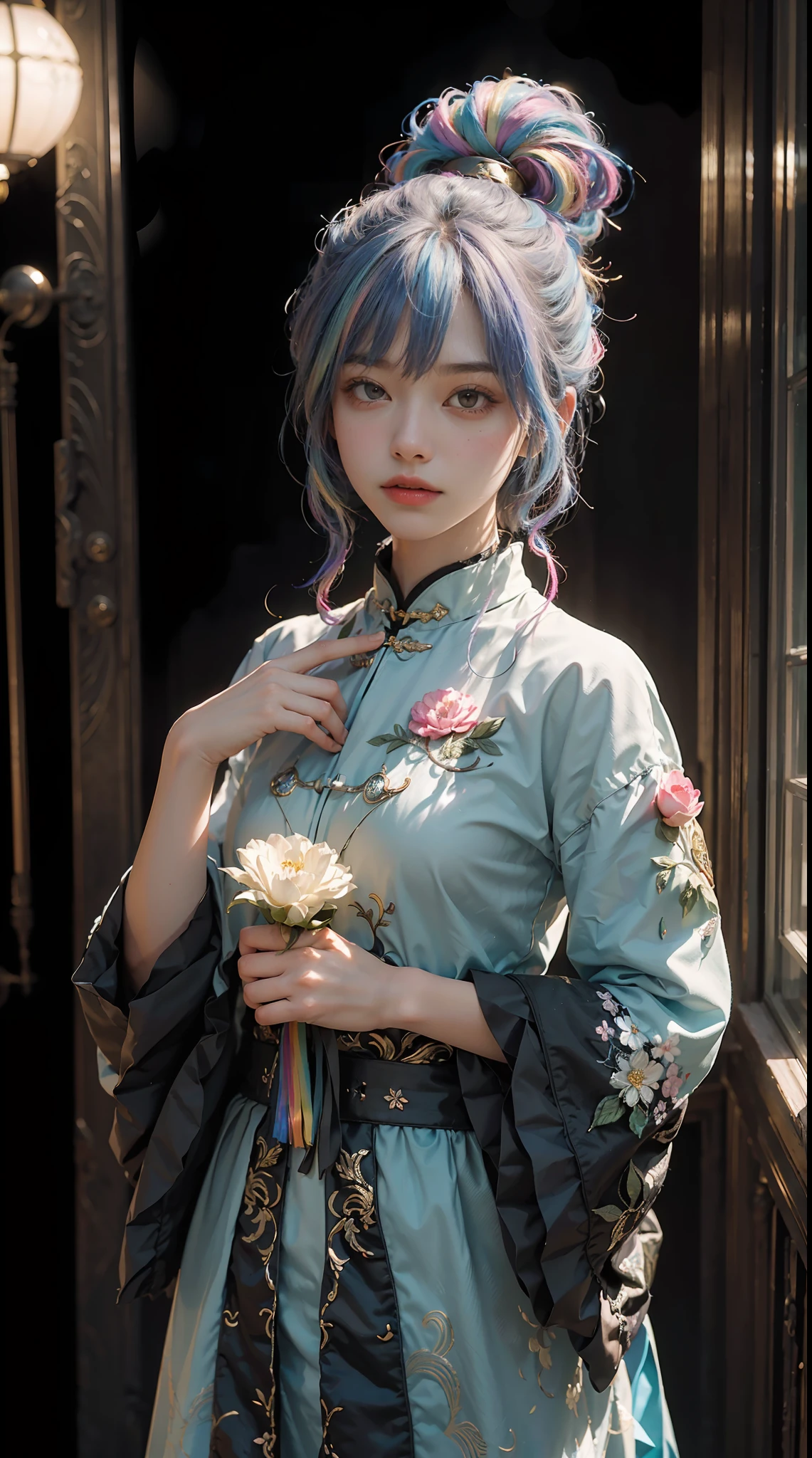 (Extreme Detail CG Unity 8K Wallpapers,tmasterpiece,Highest image quality),(Delicate light and shadow,The picture is highly dramatic,Cinematic lens effect),A girl in a colorful costume,(Rainbow color hair color),From the Mars parallel universe,Wenger,Marvel,dynamicposes),(Exceptional detail,The lighting effect is outstanding,Vista wide angle),(Excellent rendering,Enough to stand out from the crowd),The focus is on tight Chinese clothes,Intricate decorative flower texture