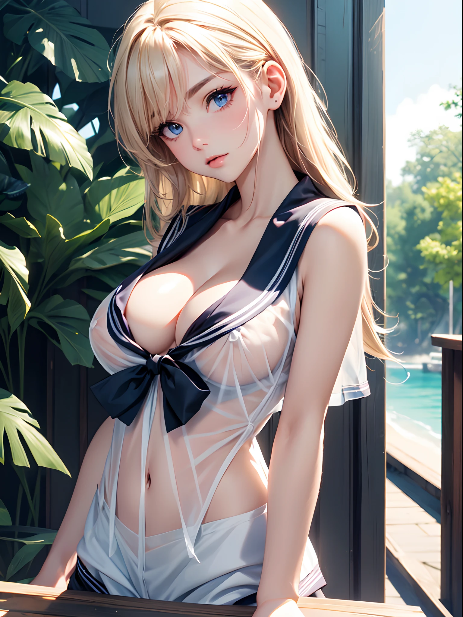 Close up of face , beautiful face, cute face, (((toppless))), (((sheer sailor shirt , Sleeveless ))), (((Show off cleavage))), (((Large breasts))), (((Open front))), Detailed beautiful eyes, (((Sunny))), extremely detailed CG unified 8k wallpaper, very fine 8KCG wallpaper, (masterpiece, Best Quality), High resolution, Ultra-detailed, ultra-sharp, 1 girl, Naked, perfecteyes eyes