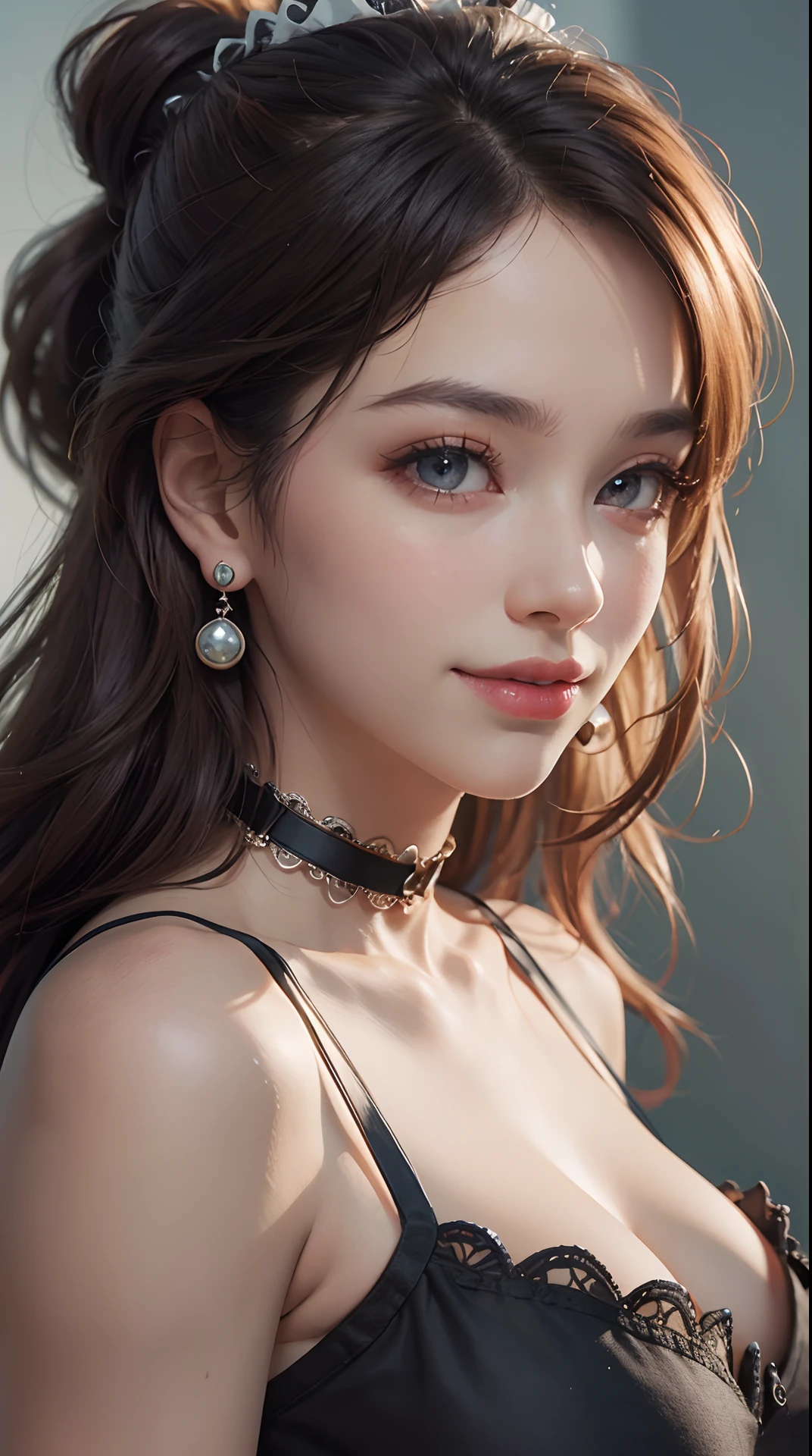 (best quality,4k,8k,highres,masterpiece:1.2), ultra-detailed, (realistic,photorealistic,photo-realistic:1.37),(beautiful detailed eyes, beautiful detailed lips, extremely detailed eyes and face, long eyelashes),studio lighting,physically-based rendering,vivid colors,(big tits, super big tits, super extra big tits),(ponytail hairstyle),(natural smile expression),(earrings, choker, maid's clothing),(soft lighting),(romantic atmosphere),(full frame portrait composition),