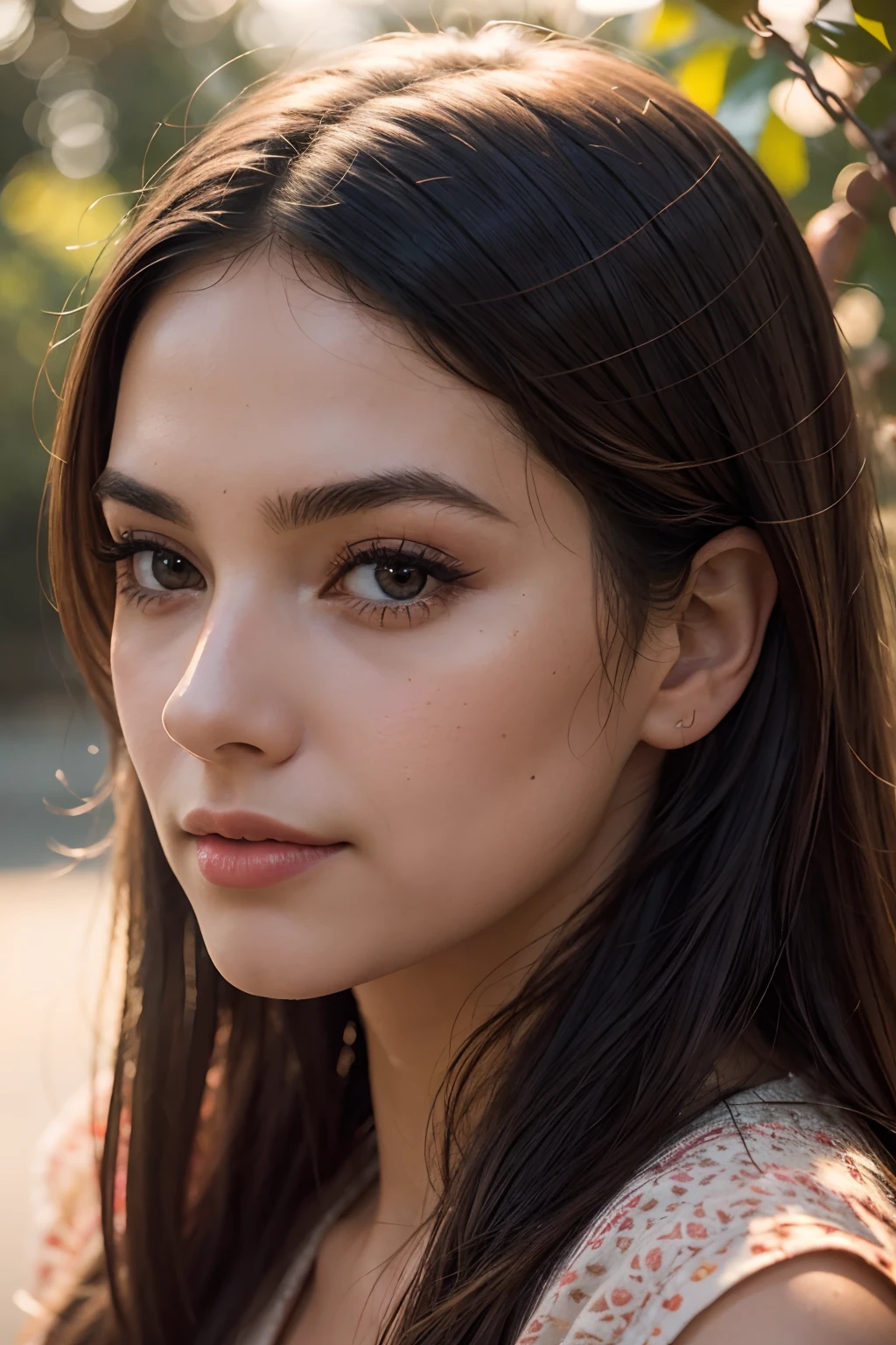top quality, best quality, High-quality illustrations, masterpiece, super high resolution, detailed background, beautiful female, portrait, perfect anatomy, high res, depth of field, detailed background, mexican girl, 24 years old, natural beauty, long dark hair is pulled back in a bun, natural makeup, dark eyes, face closeup