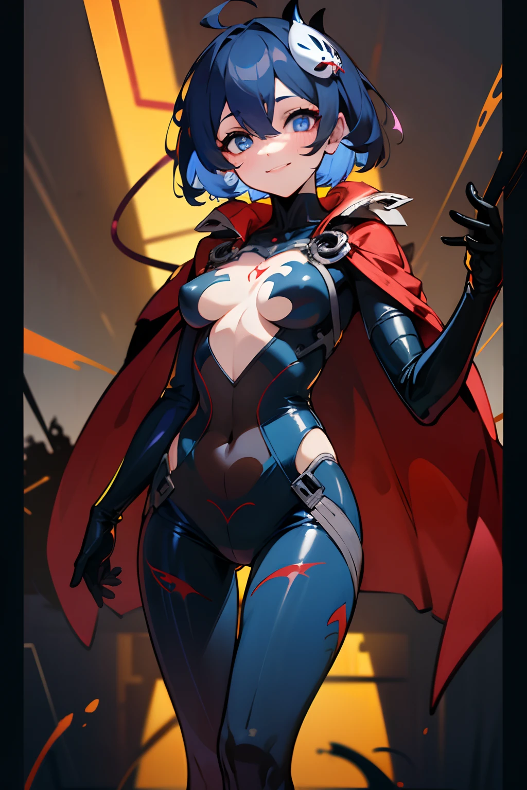 1girll, 独奏, standing on your feet, hair adornments, Blue eyes,, mechanicalparts, electrical wires, electric cables, Failure effect, terroral, sci-fy, A futuristic, background inside dark, neonlight, cyber punk perssonage, hyper realisitc, eerie, unnerving, spine-chilling, terroral, onesie,Blue eyes,Venom possession,Blackened,Long blue gloves,Jumpsuits,Skinny one-piece latex clothing,Highlight her gorgeous figure,Wrap the whole body,symbiote,((Raised sexy)),onesie,Blue eyes,Venom possession,Blackened,Long blue gloves,Jumpsuits,Black latex clothing,Blue eyes,Best quality, high resolution, Ultra-detailed, Vivid texture, Mask, Skinny one-piece latex clothing, bangs, Blue hair,Wear socks,Blackened,Wrapped in black slime,A sad expression,Say goodbye to the gaze,Red coat,long eyelasher, solid circle eyes, Light smile, Ear blush, Dark blue hair, hair between eye, Short hair,, Mad eyes,, Crazy smile, Sad smile, Evil smile, crazy, jitome, shaded, Yandere, chin grab, disdain, Evil, Crazy smile, Colored inner hair, Blue hair, Dark blue hair, surrealism, shadowing, anaglyph, stereograms, tachi-e, angle of view, Atmospheric perspective, Chiaroscuro, Cinematic lighting, 8K, Super detail, ccurate, Best quality, hyper HD, retinas, Masterpiece, Textured skin, Award-Awarded, A high resolution, Best quality, Super detail, best qualtiy, 8K, digitial painting,Red coat,Anime girl in red cape