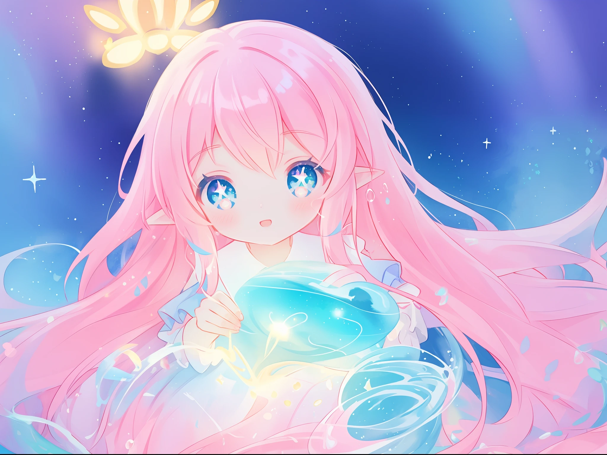 beautiful anime girl in colorful dress made of water, vibrant pastel colors, (colorful), magical liquid lights, colorful long hair made of liquid light, sparkling lines of light, inspired by Glen Keane, inspired by Lois van Baarle, disney art style, by Lois van Baarle, glowing aura around her, by Glen Keane, jen bartel, glowing lights! digital painting, flowing glowing hair, glowing flowing hair, beautiful digital illustration, fantasia background, whimsical, magical, fantasy, beautiful face, ((masterpiece, best quality)), intricate details, highly detailed, sharp focus, 8k resolution, sparkling detailed eyes, liquid watercolor