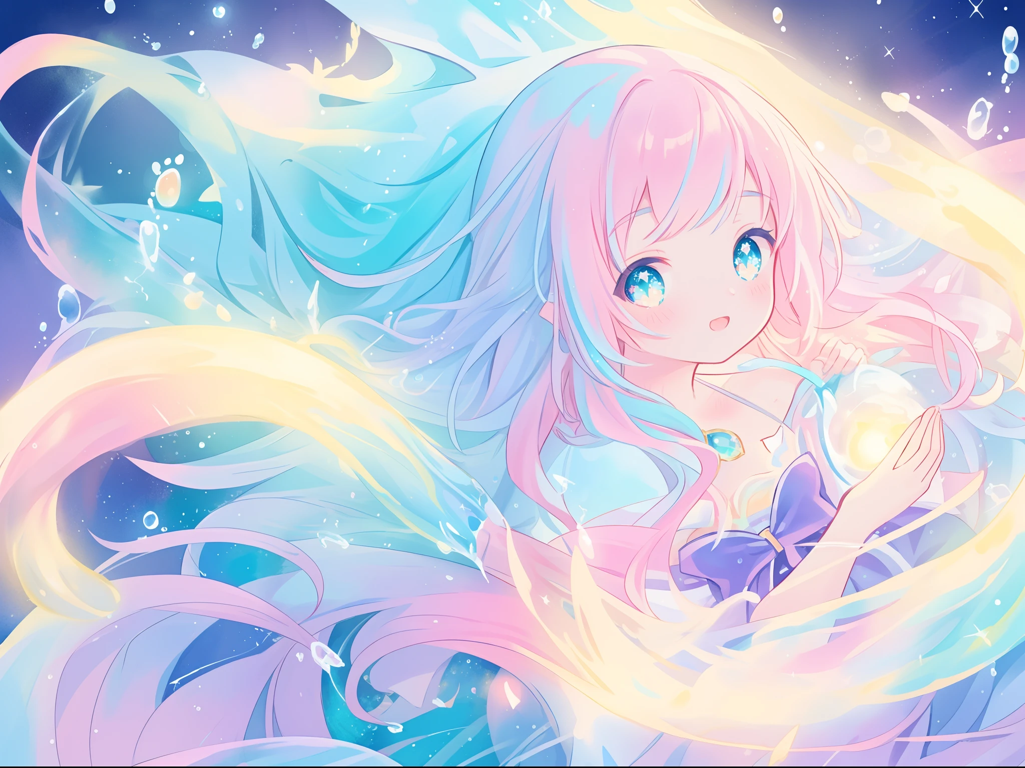 beautiful anime girl in colorful dress made of water, vibrant pastel colors, (colorful), magical liquid lights, colorful long hair made of liquid light, sparkling lines of light, inspired by Glen Keane, inspired by Lois van Baarle, disney art style, by Lois van Baarle, glowing aura around her, by Glen Keane, jen bartel, glowing lights! digital painting, flowing glowing hair, glowing flowing hair, beautiful digital illustration, fantasia background, whimsical, magical, fantasy, beautiful face, ((masterpiece, best quality)), intricate details, highly detailed, sharp focus, 8k resolution, sparkling detailed eyes, liquid watercolor