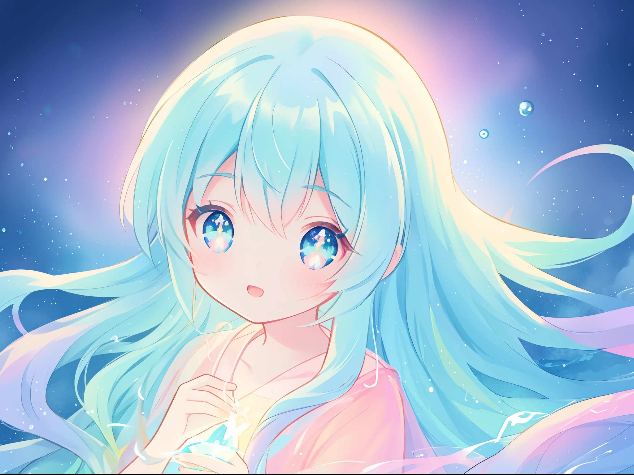 beautiful anime girl in colorful dress made of water, vibrant pastel colors, (colorful), magical liquid lights, colorful long hair made of liquid light, sparkling lines of light, inspired by Glen Keane, inspired by Lois van Baarle, disney art style, by Lois van Baarle, glowing aura around her, by Glen Keane, jen bartel, glowing lights! digital painting, flowing glowing hair, glowing flowing hair, beautiful digital illustration, fantasia background, whimsical, magical, fantasy, beautiful face, ((masterpiece, best quality)), intricate details, highly detailed, sharp focus, 8k resolution, sparkling detailed eyes, liquid watercolor