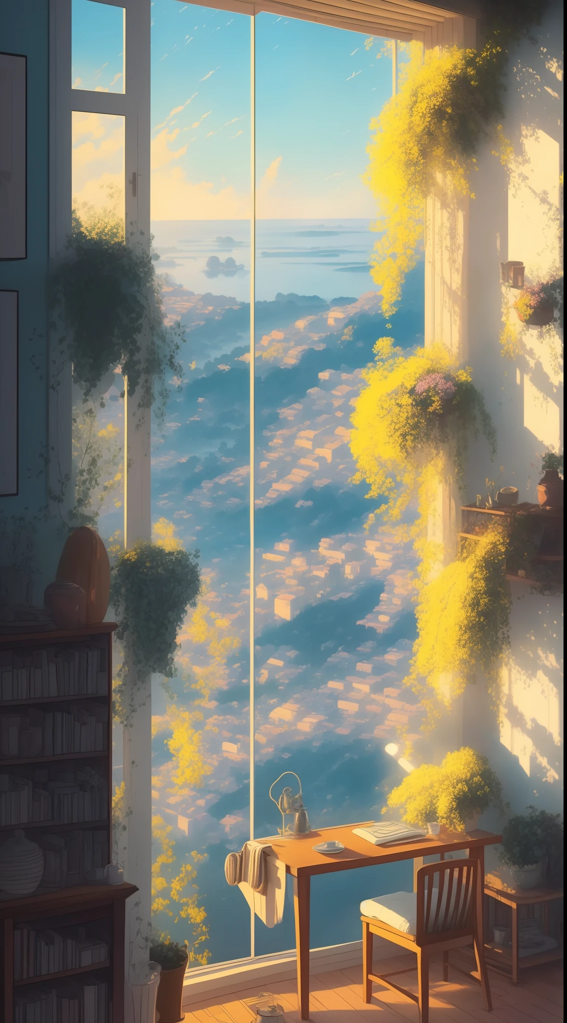 (best quality,4k,8k,highres,masterpiece:1.2),ultra-detailed,realistic,photorealistic:1.37, wallpaper, digital art, bedroom, cozy atmosphere, sunlight filtering through the curtains, warm color palette, wooden furniture, minimalist design, soft shadows, textured walls, plants in the corner, dreamy ambiance, peaceful and relaxing, inviting space, subtle gradients, gentle lighting, tranquil scene