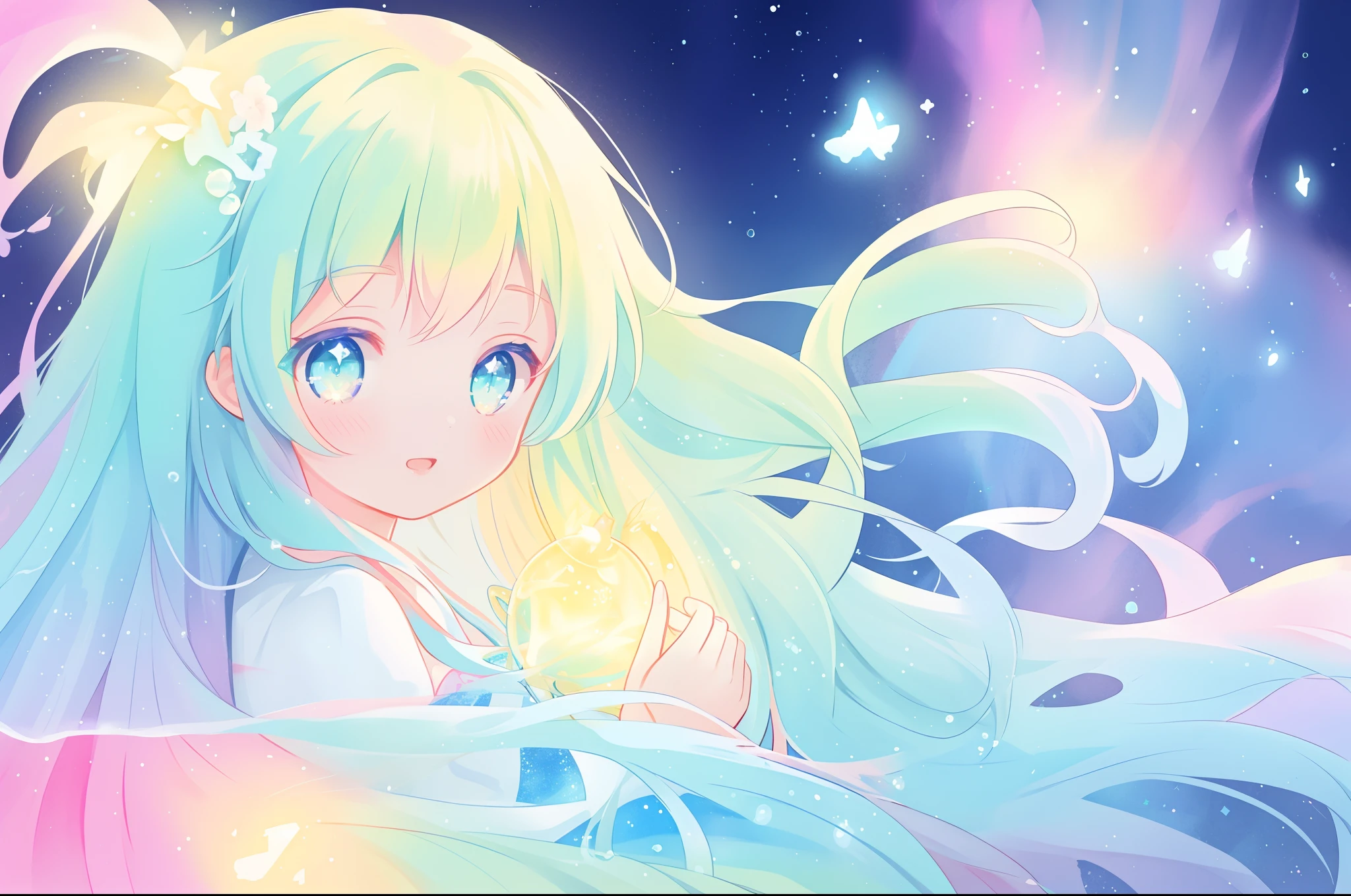 beautiful anime girl in colorful dress made of water, vibrant pastel colors, (colorful), magical liquid lights, colorful long hair made of liquid light, sparkling lines of light, inspired by Glen Keane, inspired by Lois van Baarle, disney art style, by Lois van Baarle, glowing aura around her, by Glen Keane, jen bartel, glowing lights! digital painting, flowing glowing hair, glowing flowing hair, beautiful digital illustration, fantasia background, whimsical, magical, fantasy, beautiful face, ((masterpiece, best quality)), intricate details, highly detailed, sharp focus, 8k resolution, sparkling detailed eyes, liquid watercolor