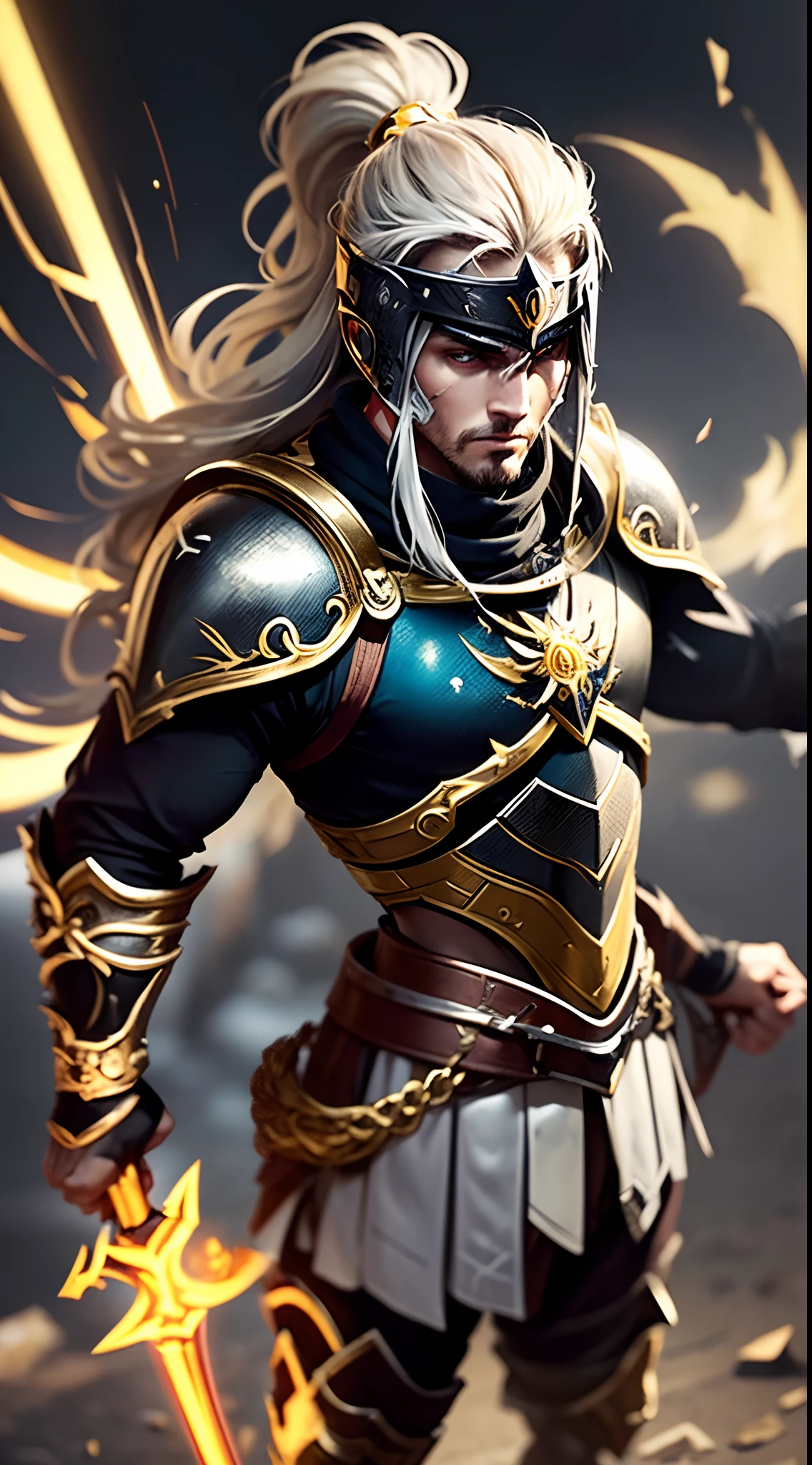 Un primer plano de un( hombre) (Espartano sosteniendo una espada y un escudo de acero) en la grieta del imvicador,( Arte de personajes de League of Legends),(Olaf),Full body of a griego divine paladin warrior in ornate golden armor,barba densa y fondosa de color naranja y blanca, pauldrons, peto, halo brillante, peinado moikano, cabello naranja y blnaco, ojo amarillo brillante, parcheben( 1 ojo),pupila brillante, enfoque de ojo, capa de pelaje blanaca, grieta del imbocador,ruinas magicas, noche, luz de luna, particuls, haz de luz, chromatic abberation,barbaro,luchando,pelea,pose dinamica,accion,alta calidad,muchos detalles,grito,exprecion fasial,(un hacha en cada mano),(sin casco),(en combate)