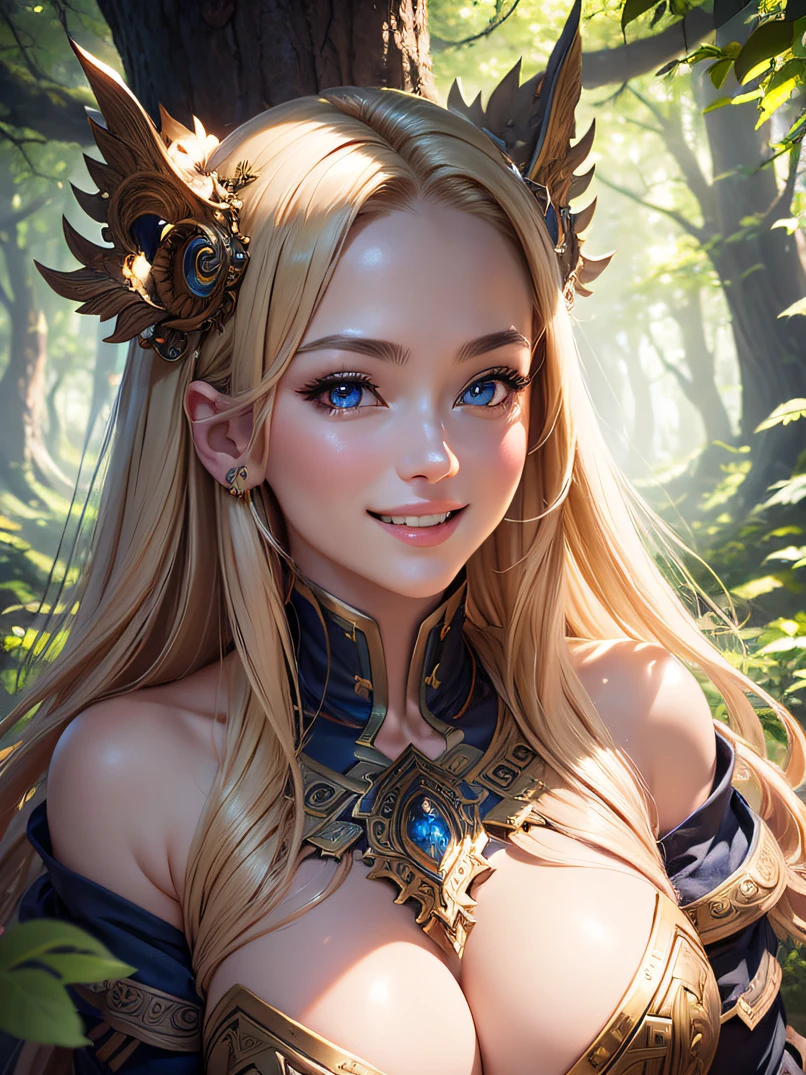 ((top-quality))、((​masterpiece))、(Highly detailed)、1girl in、bustshot、Focus from the chest up、face lights、Norse goddesses、a blond、sitting on ground、Valhalla、Huge tree with beautiful fruits、Costumes in harmony with nature、She laughs happily、Detailed hand depiction