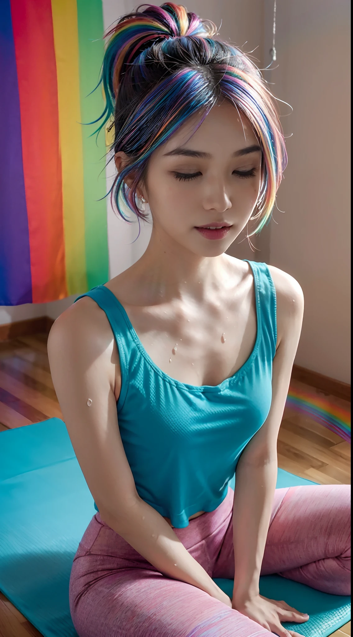 (Small underboob,Tomboyish,small heads)), (perfect bodies: 1.1), (shoulder length straight short hair: 1.1),(rainbow color hair:1.5),attractive collarbone，（极其细致的CG 8k壁纸），（Extremely refined and beautiful），（masterpiece），（best qualtiy：1.0），（超高分辨率：1.0）,upper body，[A high resolution]，cheerfulness，smile，Smooth and flawless fair skin，ultra - detailed ，Elongated legs，（Small breasts:1.1),Flat chest,underboob,Slim，emaciated，(rainbow color yoga Tank Top:1.5),(rainbow color yoga short pants:1.4),At home，in living room，Gym decoration style，Teal background，Yellow curtains，TV on the wall,Close shot，midday sunlight,(Sitting upright cross legged on a yoga mat:1.4),(close eyes:1.3),(open mouth:1.2) ,(female orgasmic:1.3), (blush:1.3)，(head up:1.2),Put hands together,meditating,from front,(very short pony tail:1.2),cowboy shot,(sweat:1.6),(Portrait above chest level:1.3)