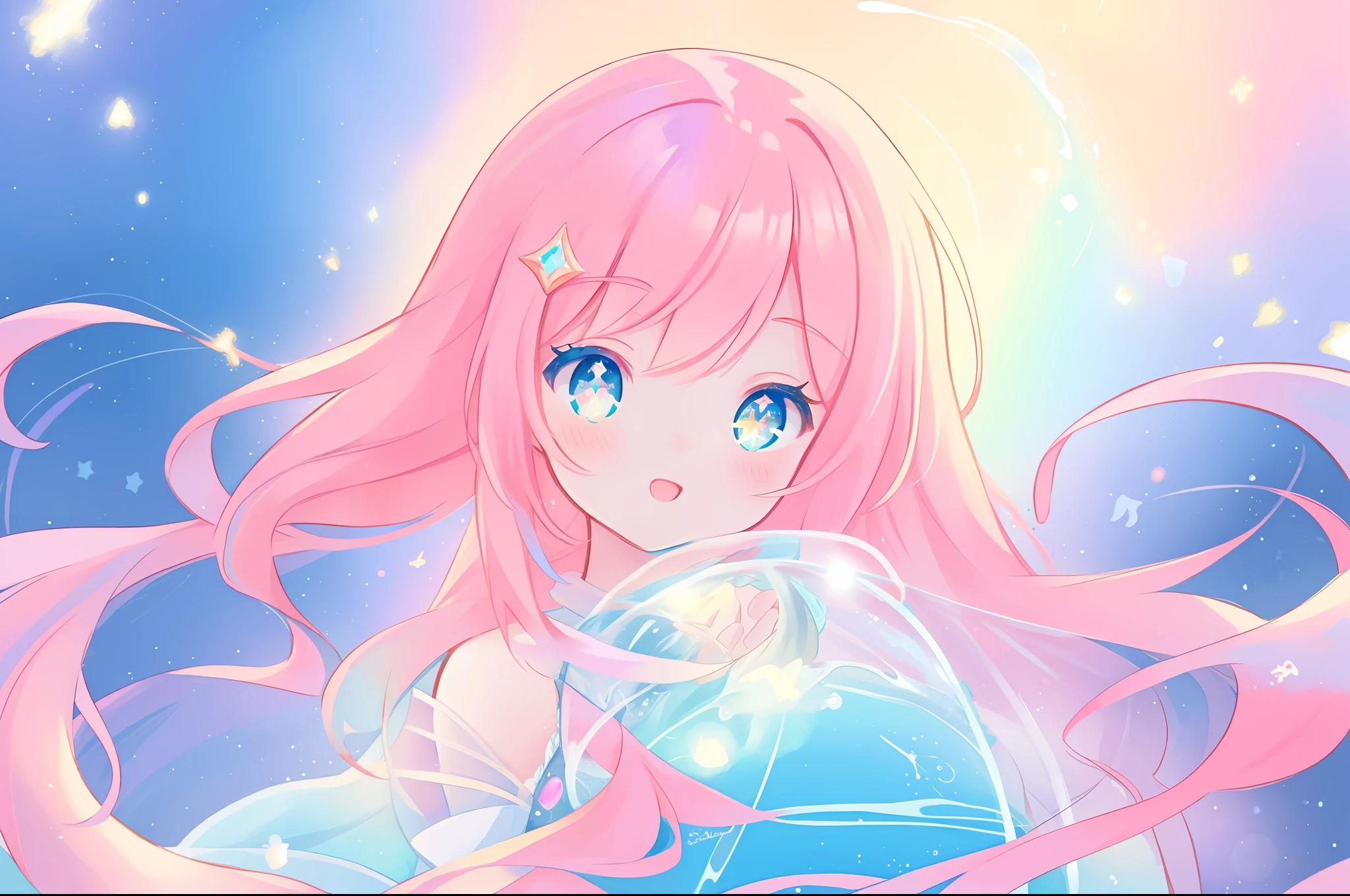 beautiful anime girl in colorful dress made of water, vibrant pastel colors, (colorful), magical liquid lights, colorful long hair made of liquid light, sparkling lines of light, inspired by Glen Keane, inspired by Lois van Baarle, disney art style, by Lois van Baarle, glowing aura around her, by Glen Keane, jen bartel, glowing lights! digital painting, flowing glowing hair, glowing flowing hair, beautiful digital illustration, fantasia background, whimsical, magical, fantasy, beautiful face, ((masterpiece, best quality)), intricate details, highly detailed, sharp focus, 8k resolution, sparkling detailed eyes, liquid watercolor