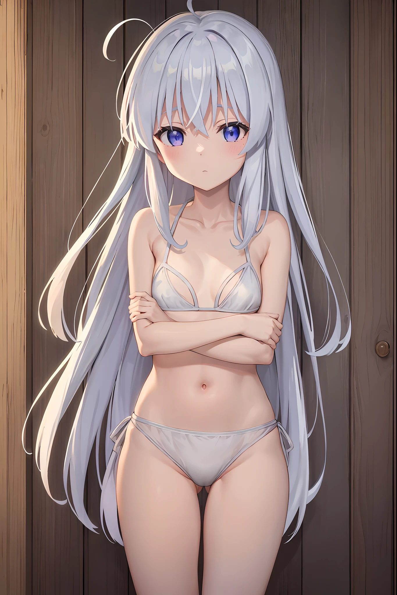 ph elaina, , elaina (majo no tabitabi), (masterpiece:1.6, best quality), solo, long hair, ahoge, hair between eyes, collarbone, blue eyes, bangs, white hair, sleeveless, bare shoulders, shiny hair, camisole, , white bikini, purple eyes, shiny, blush, very long hair, sidelocks, bikini, extended arms