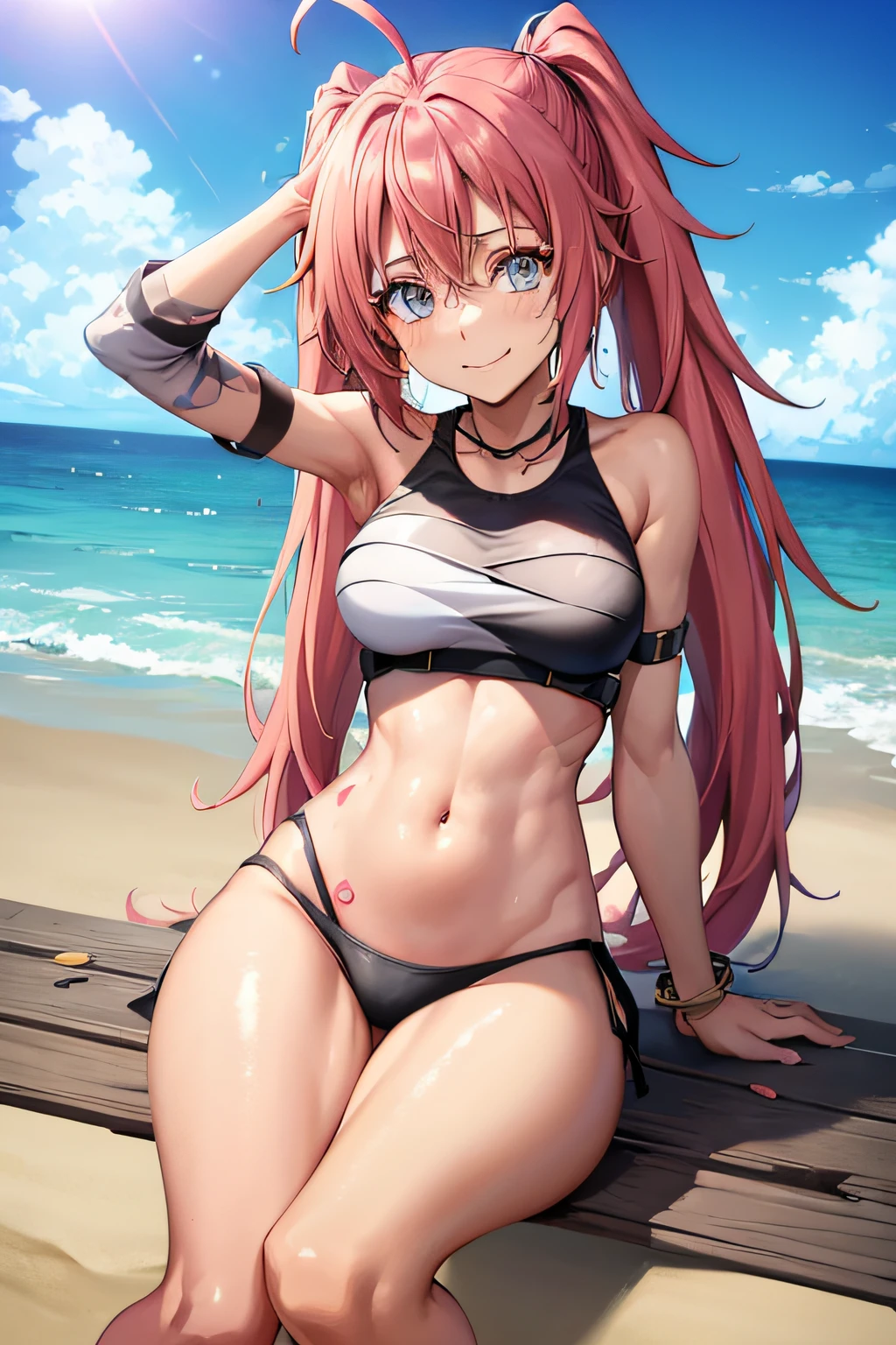 ((female)), (very messy hair), (sorriso feliz), Presas, ((abdominais rasgados)), Toned arms and legs, peitos pequenos, Suor excessiva, (Summer beach scenery), olhos azuis safira, standingn, barefoot,
