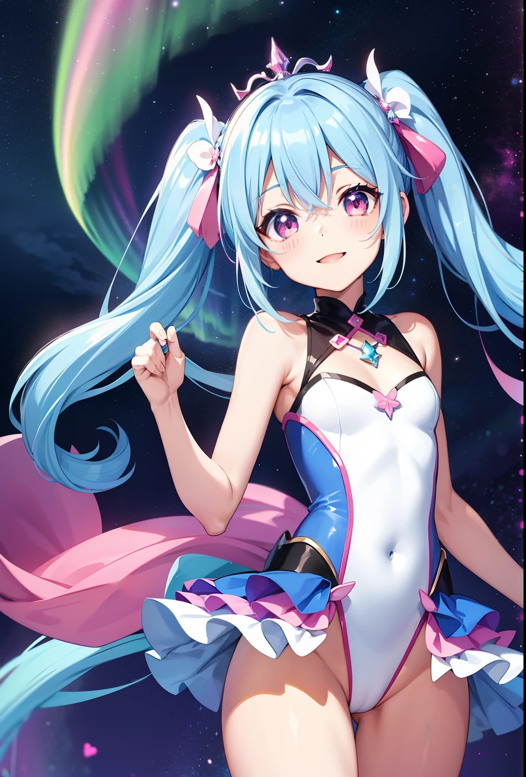 Super Idol Chibichara A charming smile sky blue hair length hair Twin-tailed skinny Sparkly bright pink and white leotard facing front Mystical Fantasia constellation a moon Aurora Borealis in the Night Sky