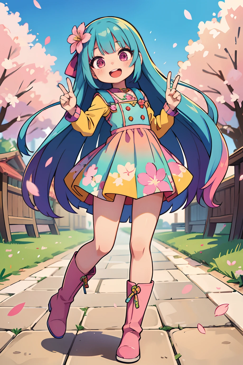 Stand in front of the photo、1girl in,Full body、Longhair-, rainbow color Hair,long boots,Open mouth and big smile、kawaii pose、Flowing iridescent silk、up of face、Eye Up、Colorcon with heart pattern、Floral dress、There are flowers even in front of you、Cherry blossom petals、season!!: springtime☀ 🍂