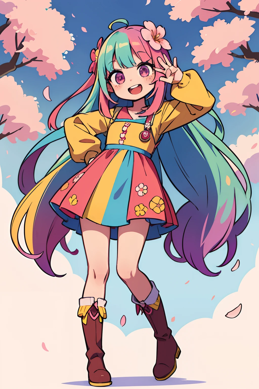 Stand in front of the photo、1girl in,Full body,a short bob, But long pigtails, rainbow color Hair,long boots,Open mouth and big smile、kawaii pose、Flowing iridescent silk、Wearing colored tights、up of face、Eye Up、Colorcon with heart pattern、Floral dress、There are flowers even in front of you、snowscape、season!!: Winters☀ 🍂