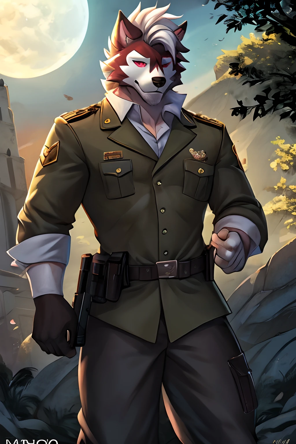 seguro, Beautiful, incredible, impressionante, poster, sozinho, (Twilight Lycanroc), antro, Clothes, usando roupas da segunda guerra alemanha , jaqueta de couro, with a gun in hand, com chapeu de general, Pants, Antecedentes detalhados, cidade, Outside, corpo fisico forte, grande peitorais estufados marcado na roupa de guerra alemanha grandes, macho, man, men