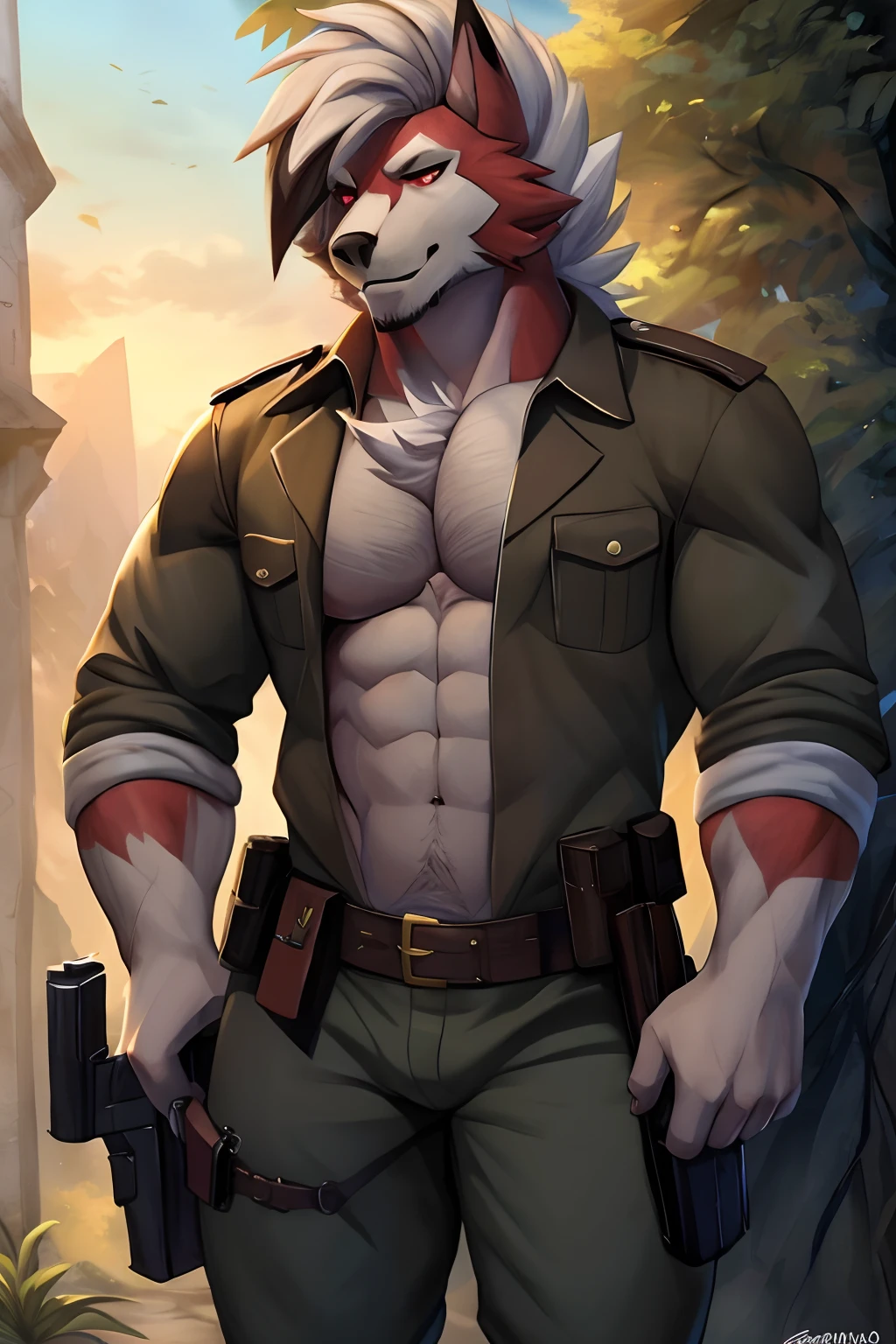 seguro, Beautiful, incredible, impressionante, poster, sozinho, (Twilight Lycanroc), antro, Clothes, usando roupas da segunda guerra alemanha , jaqueta de couro, with a gun in hand, com chapeu de general, Pants, Antecedentes detalhados, cidade, Outside, corpo fisico forte, grande peitorais estufados marcado na roupa de guerra alemanha grandes, macho, man, men