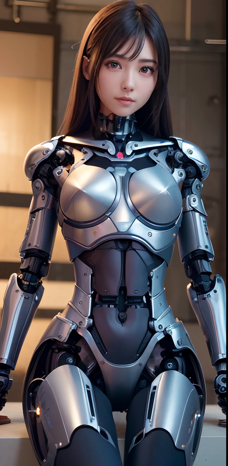 top-quality、​masterpiece、超A high resolution、(Photorealsitic:1.4)、((a beauty girl:1.6)), 1 full-body cyborg girl、sixteen years old、NOhumans、((The skin part is only the face)), Black Armor, Plated Armor,  Luminous Eyes、((Lots of split metal chest protectors)), Metal Robot、((The whole body is the body of a combat robot))、((Body parts are robot parts:1.8))、((The internal mechanisms of the chest are exposed)), ((Mechanical chest armor with LED indicators and meters)), Robot arms and legs、((Exposed metal skeleton of the abdomen))、Metal skeleton of the cervical region、Under repair、destroyed body、Metal Mechanical Bra、Full Body Metal Skin、Metal bodysuit、Metal scales covering the whole body、body made of metal、Whole body metal、a beauty girl、prosthetic hand、artificial leg、Full body cyborg、Exposed metal skeleton、Asian Beauty、cyberpunked、steampunc、Inside the futuristic space battleship、laboratory、Complex 3d rendering beautiful porcelain profile ultra detailed female type android face、dark brown  hair、glowy skin、((super realistic details))、portlate、globalillumination、Shadow、octan render、metals、Details of complex ornaments、Japan details、highly intricate detail、Realistic light、CGSoation Trends、a purple eye、radiant eyes、Facing the camera、neon details、Mechanical limbs、blood vessels connected to tubes、Mechanical vertebrae attached to the back、mechanical cervical attaching to neck、sitting on、Wires and cables connecting to the head、Gundam、Small LED lamp、​masterpiece、 Metal Robot、body made of metal、Whole body metal、prosthetic hand、artificial leg、Full body cyborg、Exposed metal skeleton、Asian Beauty、cyberpunked、steampunc、Futuristic cities、laboratory、Complex 3d rendering beautiful porcelain profile super detailed female android face、cyborgs、roboticparts、150mm、beautiful studio soft light、Rim Lights、vibrant detail、luxuriouscyberpunk、Ren Hao、surrealistic、Anatomical、face muscles、cable electric wires、microchips、elegent、beatiful backgrounds、octan render、HR Giger Style、8K、top-quality、​masterpiece、i