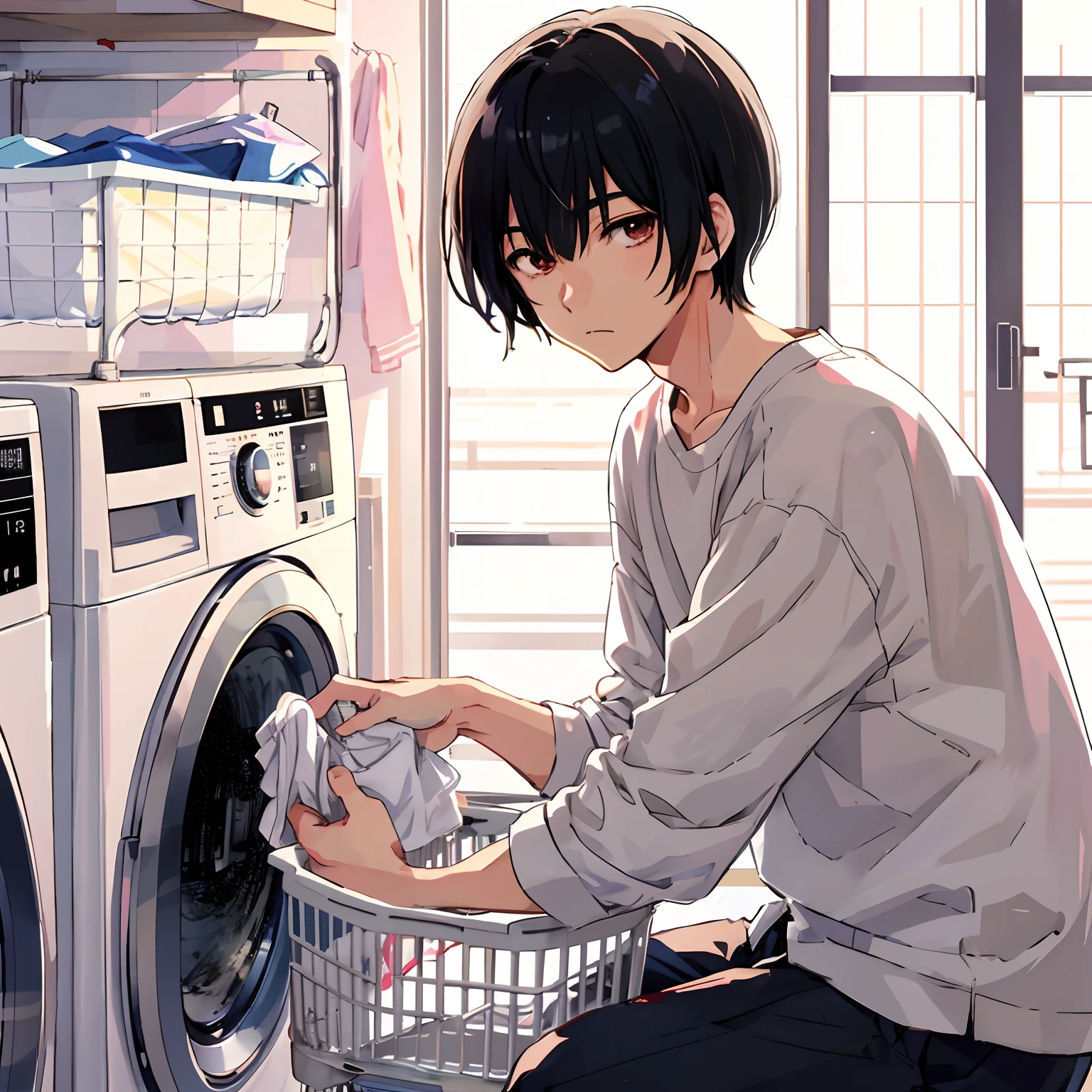 Japanese anime, beautiful young man, black hair, bowl cut, loungewear, laundry, room drying, washing machine, melancholy,high quality, amount of drawing, pixiv illustration