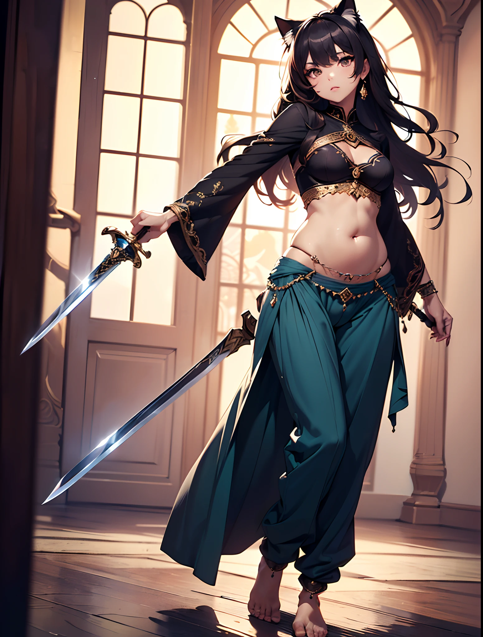 (best quality,4k,8k,highres,masterpiece:1.2),ultra-detailed, (cat girl), (perfect face), (expressive face), (perfect body), (detailed body), ((full body)), (standing pose), (arabian sword), (perfect sword), (detailed sword), (very baggy and long belly dance harem pants), (perfect pants), (detailed clothes), (bare feet), (fully detailed),illustration,vivid colors