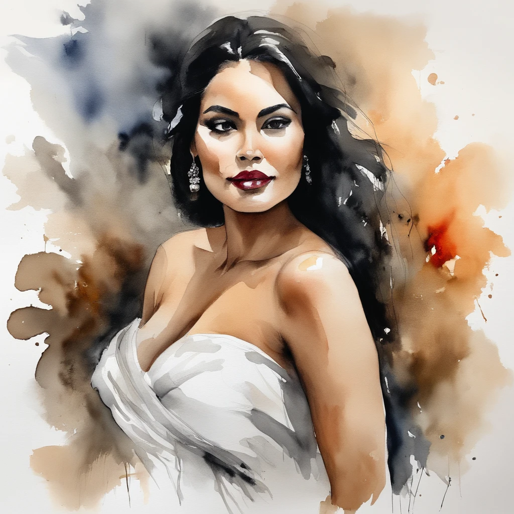 Kazuo Shiraga dry brush ink and watercolor painting mexican 22 year old beautiful woman, black hair, beautiful face, upturned eyes, Carolina Herrera designed white strapless dress, mexican countryside background, glamorous, elegant composition, mysterious mood, 8k