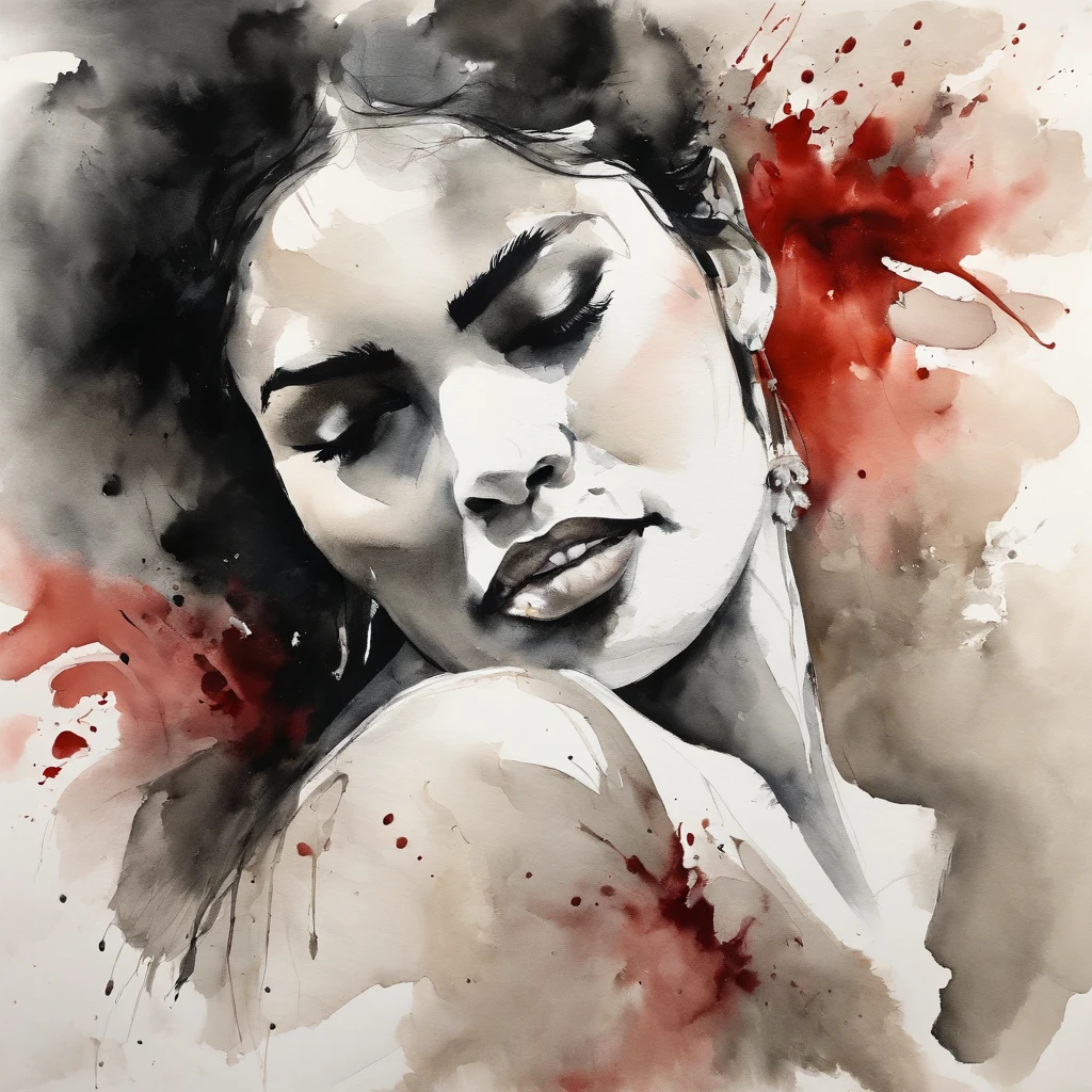 Kazuo Shiraga dry brush ink and watercolor painting mexican 22 year old beautiful woman, black hair, beautiful face, upturned eyes, Carolina Herrera designed white strapless dress, mexican countryside background, glamorous, elegant composition, mysterious mood, 8k