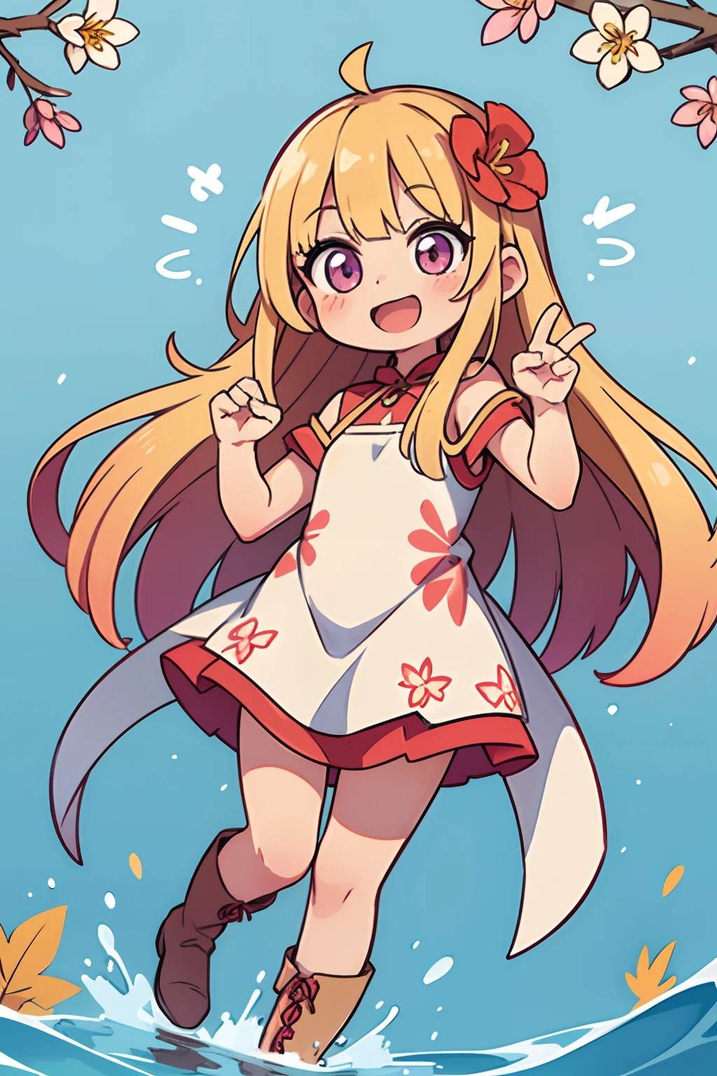 Stand in front of the photo、1girl in,Full body,Long hair, Blonde hair,long boots,Open mouth and big smile、Water droplets on the cheeks、kawaii pose、Flowing iridescent silk、up of face、Eye Up、Colorcon with heart pattern、Floral dress、There are flowers even in front of you、flower petals、season!!: 夏天☀ 🍂