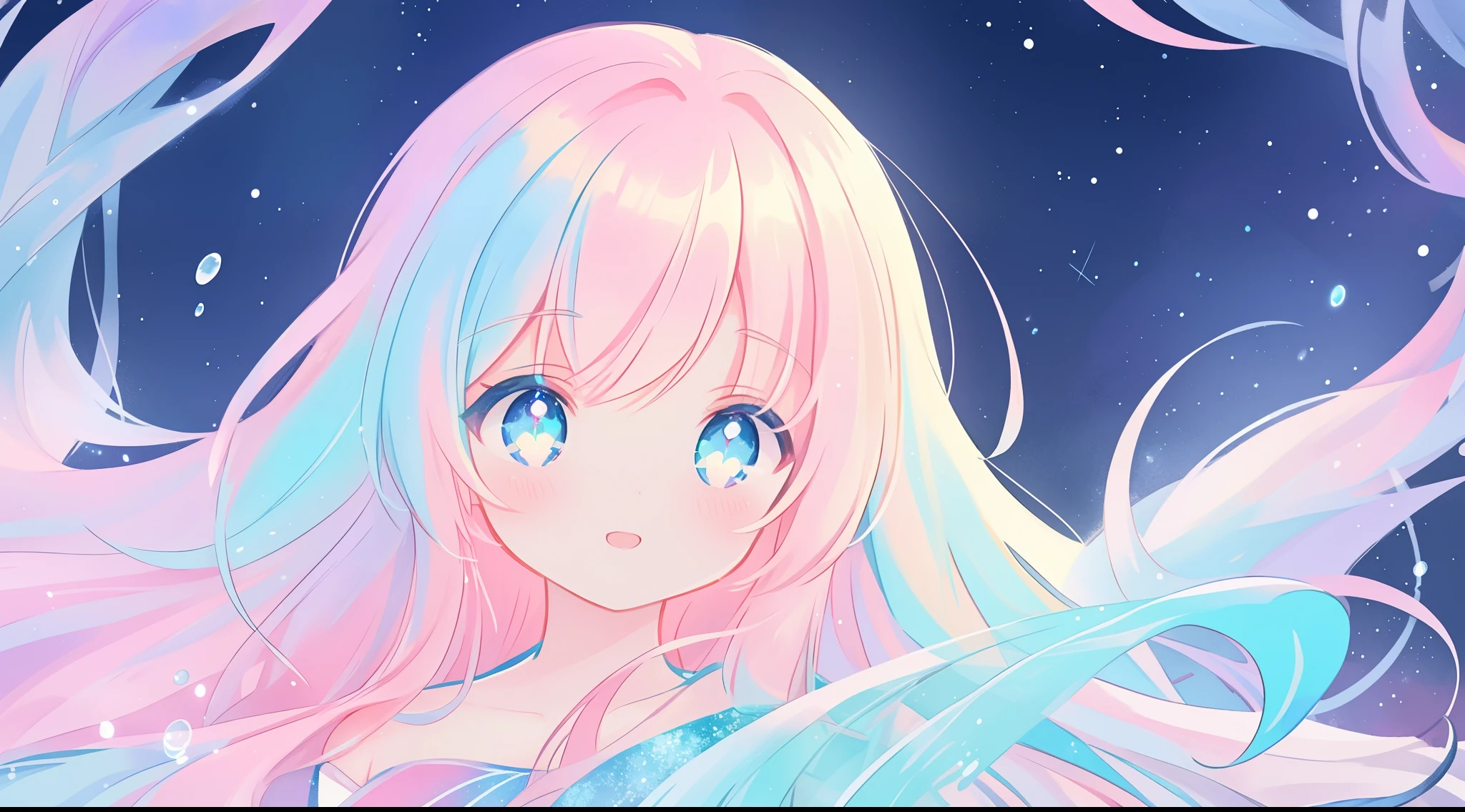 beautiful anime girl in colorful dress made of water, vibrant pastel colors, (colorful), magical liquid lights, colorful long hair made of liquid light, sparkling lines of light, inspired by Glen Keane, inspired by Lois van Baarle, disney art style, by Lois van Baarle, glowing aura around her, by Glen Keane, jen bartel, glowing lights! digital painting, flowing glowing hair, glowing flowing hair, beautiful digital illustration, fantasia background, whimsical, magical, fantasy, beautiful face, ((masterpiece, best quality)), intricate details, highly detailed, sharp focus, 8k resolution, sparkling detailed eyes, liquid watercolor