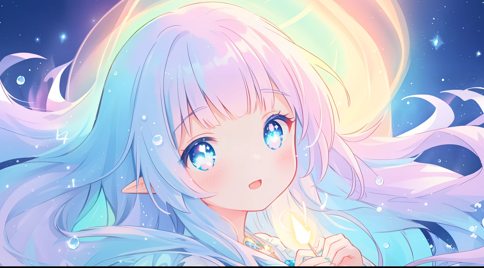 beautiful anime girl in colorful dress made of water, vibrant pastel colors, (colorful), magical liquid lights, colorful long hair made of liquid light, sparkling lines of light, inspired by Glen Keane, inspired by Lois van Baarle, disney art style, by Lois van Baarle, glowing aura around her, by Glen Keane, jen bartel, glowing lights! digital painting, flowing glowing hair, glowing flowing hair, beautiful digital illustration, fantasia background, whimsical, magical, fantasy, beautiful face, ((masterpiece, best quality)), intricate details, highly detailed, sharp focus, 8k resolution, sparkling detailed eyes, liquid watercolor