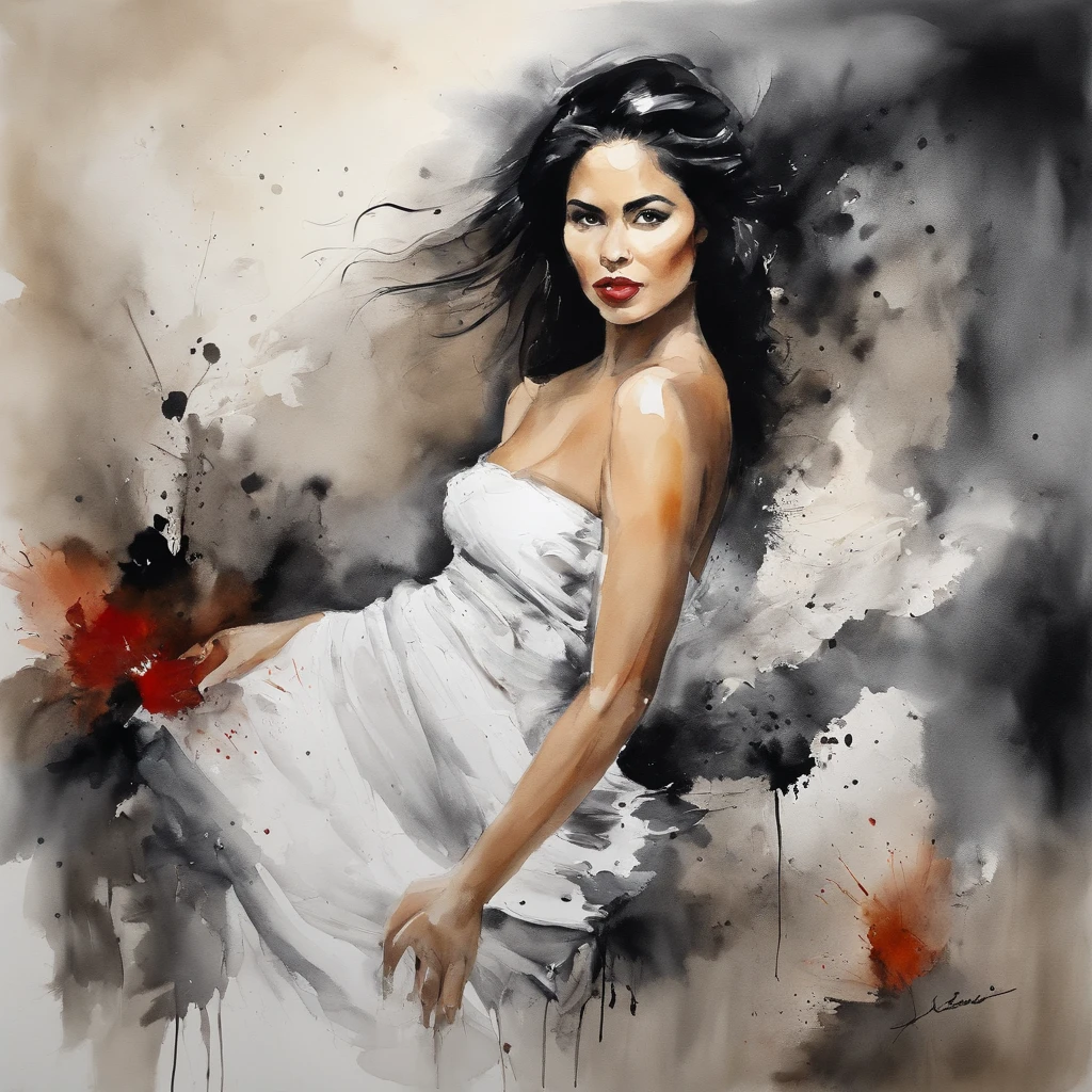 Kazuo Shiraga dry brush ink painting mexican 22 year old beautiful woman, black hair, beautiful face, upturned eyes, Carolina Herrera designed white strapless dress, mexican countryside background, glamorous, elegant composition, mysterious mood, 8k