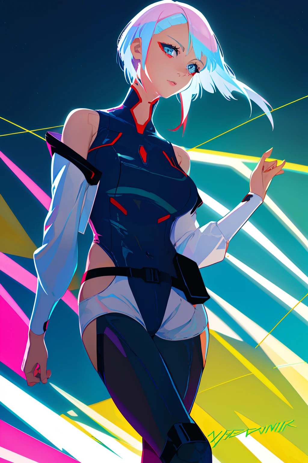 cyberpunk edgerunners, 1girl, lucy \(cyberpunk\), bare shoulders, blue eyes, breasts, leotard, looking at viewer, medium breasts, off-shoulder jacket, off shoulder, red eyeliner, short hair, sleeveless turtleneck leotard, solo, turtleneck leotard, white hair, ((masterpiece))