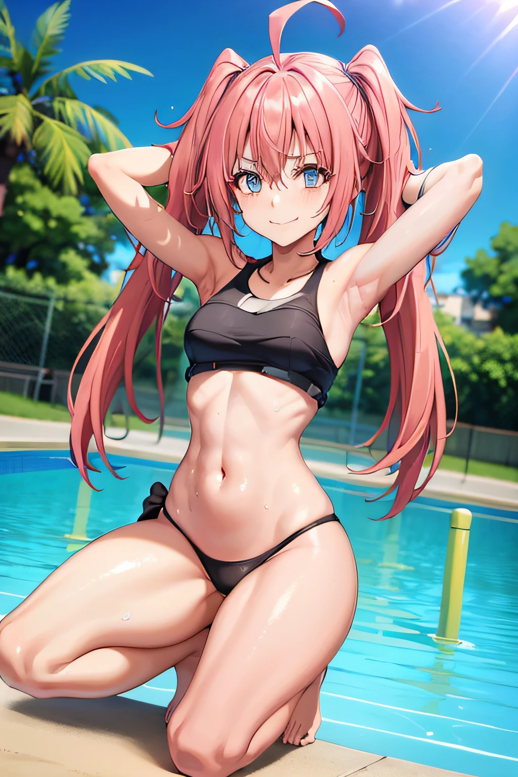 ((female)), (very messy hair), (sorriso feliz), Presas, ((abdominais rasgados)), Toned arms and legs, peitos pequenos, molhada, (Pool scenery), olhos bem azuis, standingn, barefoot, sentada na piscina