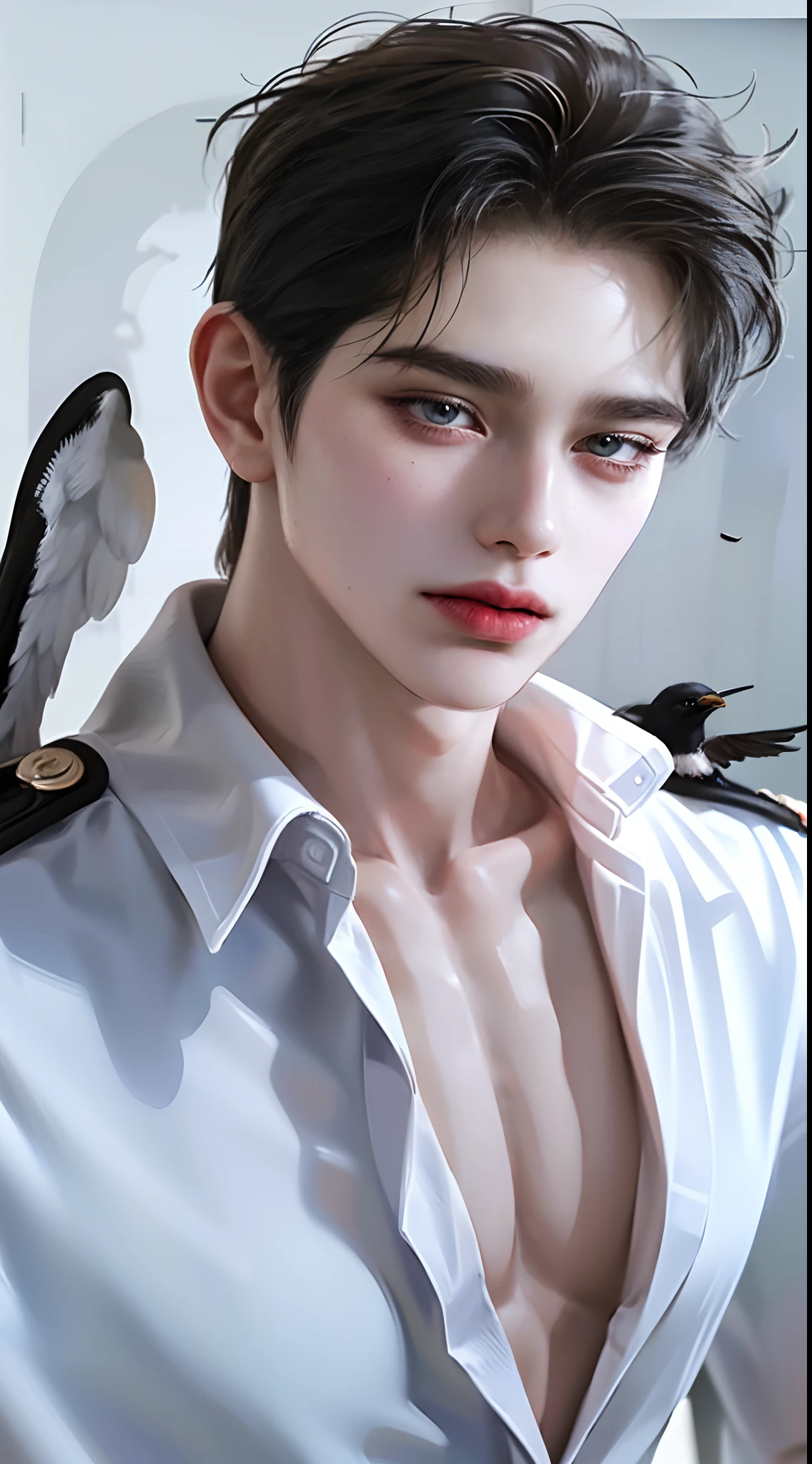 ((4K works))、masterpiece、(top-quality)、((high-level image quality))、((one beautiful women))、Slim body、((Black Y Shirt Fashion))、(Detailed beautiful eyes)、Fantastic city background、((Face similar to Chaewon in Ruseraphim))、((short-haired))、((bright silver hair))、((Smaller face))、((Neutral face))、((Light blue eyes))、((Korean Women))、((18year old))、((Wild Lady))、((Glaring at him with a savage look))、((Korean makeup with black eyeshadow))、((elongated and sharp eyes))、((Shot alone))、((Fallen Angel))、((Fallen Angel Woman))、Photos of fallen angels、Villain、((amazing photo))、Photographed so that the whole body can be seen、horor、((There is a crow on the right shoulder))、Dark Proof、((Shot diagonally from the side))
