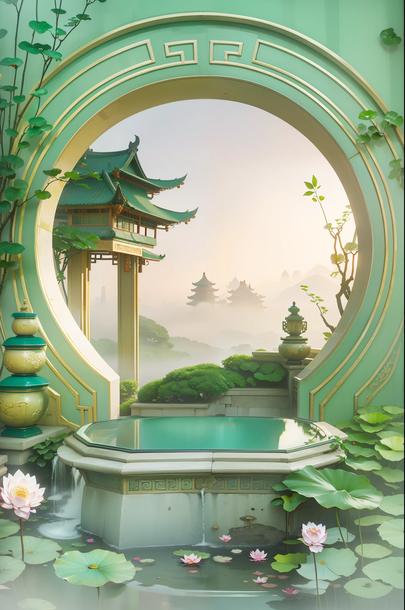 Ultra HD large image,Looking directly at,Eau,lotuses,Chinese-style round arches,Glass countertops,lotuses,bamboos,gazebo,smog,Lotus buds,Scenery behind the door