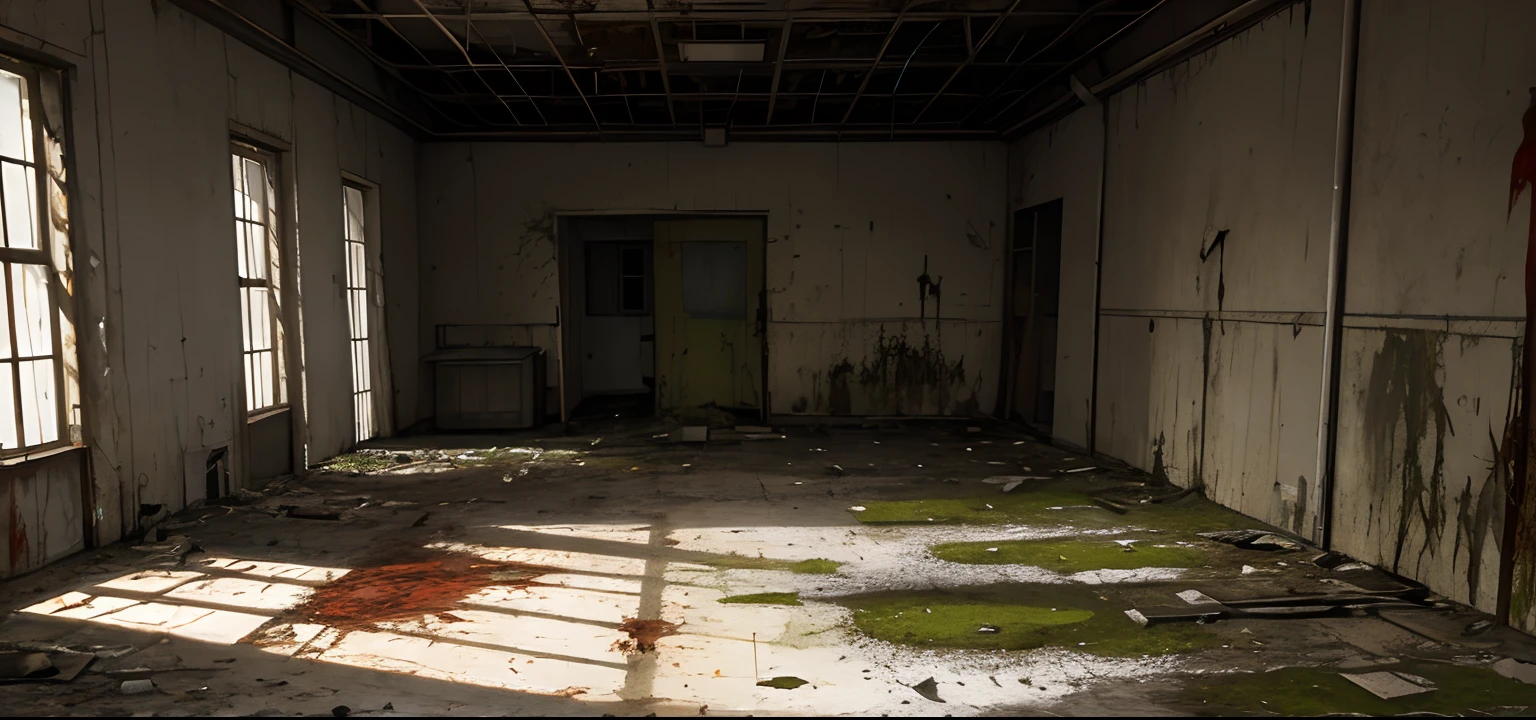 (masterpiece, best quality:1.3), (horror \(theme\):1.2), (abandoned hospital, moss, blood splatter, bloodstain, indoors), dust cloud, beds, wide shot, dynamic angle,
