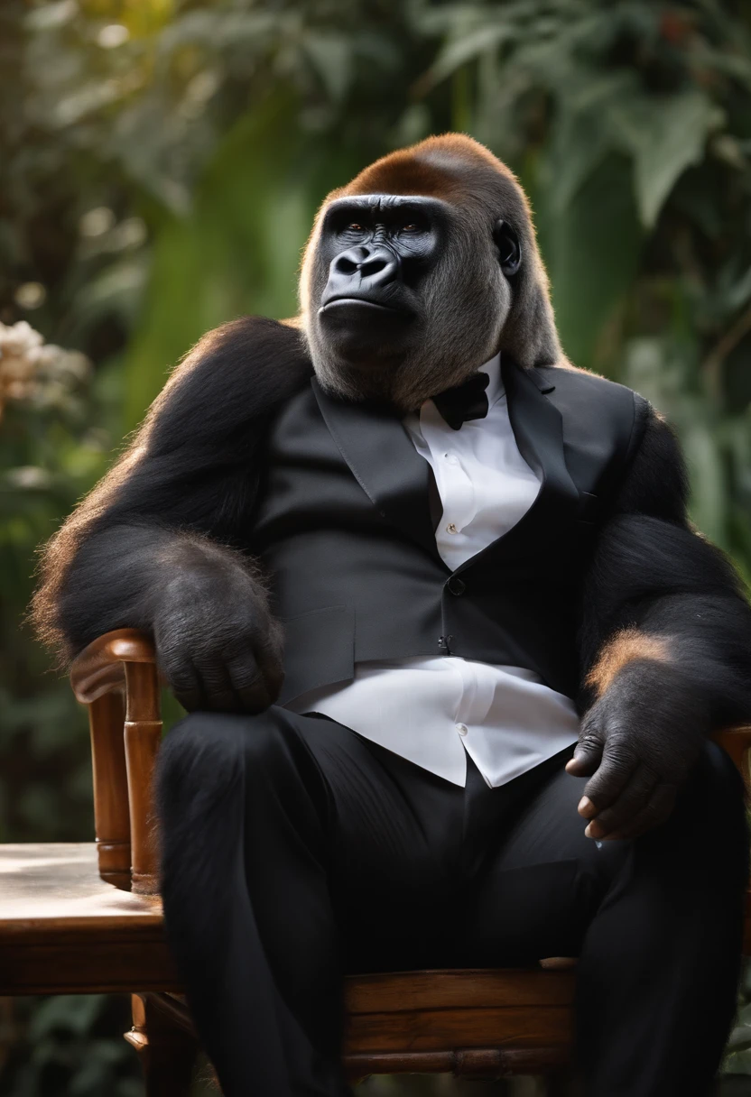 Gorilla in elegant clothes, with wide smile showing his teeth, half -body photo, sitting on an office table and smoking a cigar.