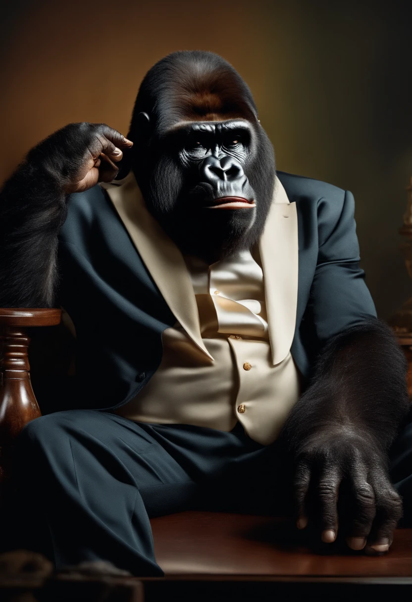 Gorilla in elegant clothes, with wide smile showing his teeth, half -body photo, sitting on an office table and smoking a cigar.