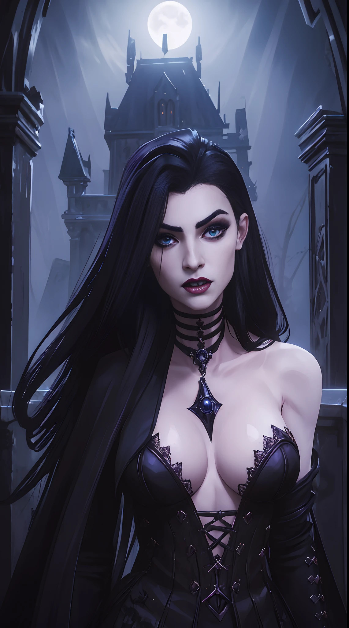 best quality,ultra-detailed,gothic,beautiful detailed eyes,beautiful detailed lips,long black hair,pale skin,black dress,roses,moonlight,sharp fangs,dark atmosphere,haunting,ethereal,nighttime,fangs gleaming,bloodlust,hypnotic gaze,vampire ((  breast))
