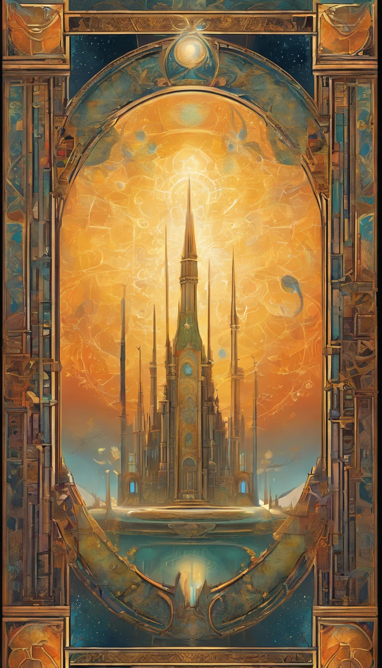 collectible card design, outside frame with sci fi hieroglyphic library laboratory design, inside should be blank, the corners are decorated by a strange series of symbols, each of them covering a different universal aspect, in total there are sixteen of them, they are laid out in four rows of four, colorful, award-winning, professional, highly detailed,