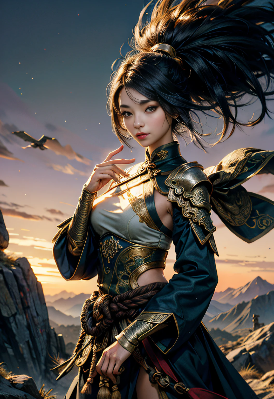 (​masterpiece、top-quality、top-quality、Official art、Beautifully Aesthetic:1.2)、(1girl in)、highly detailed、(Fractal Art:1.3)、colourfull、highest detailed, (full body portrait: 1.5), extremely beautiful japanese face features, perfect eyes shapes, anatomic, fantasy white chinese warrior outfit with long flowing sleeves and extremely detailed gold decorations, (half-masked face:1.4), holds kunai, fantasy background, Soft smile, breasts are large, Soft expression, A smile, black Hair, Wave, Facing the front