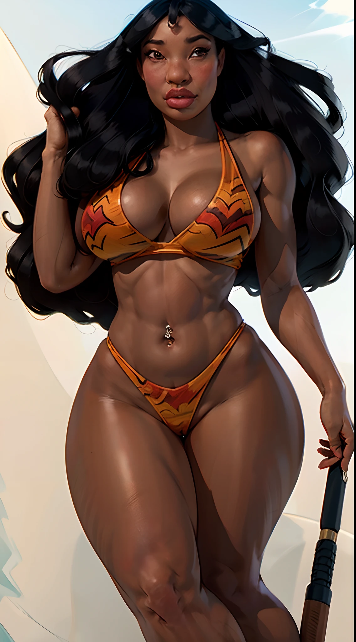 , , , from below,, , UHD, super detail, high quality, award winning, best quality,  (1girl-naniwaifu:1), voluptuos ((muscular body:1.2)), (animal_print bikini:1.2) (black curly_hair) anime-toon_hyper_realistic, blush (big_saggy_breasts:1.2) big_cleavage (dark-skinned_female:1.2) dark_skin, curvy_atlethic, hourglass body, shaped_thigs, huge legs, shaped hips, slim waist, very sexy, very gorgeous, beautiful:1.3, slluty look, realistic skin, Goosebumps effect, realistic skin effect, realistic:1.3 , beautiful detailed, poster, sun_glasses  large_breasts  lip_piercing long_hair looking_at_viewer one_eye_closed parted_lips  print_bikini simple_background solo  thick_lips very_dark_skin very_long_hair white_background, art by Rosstran