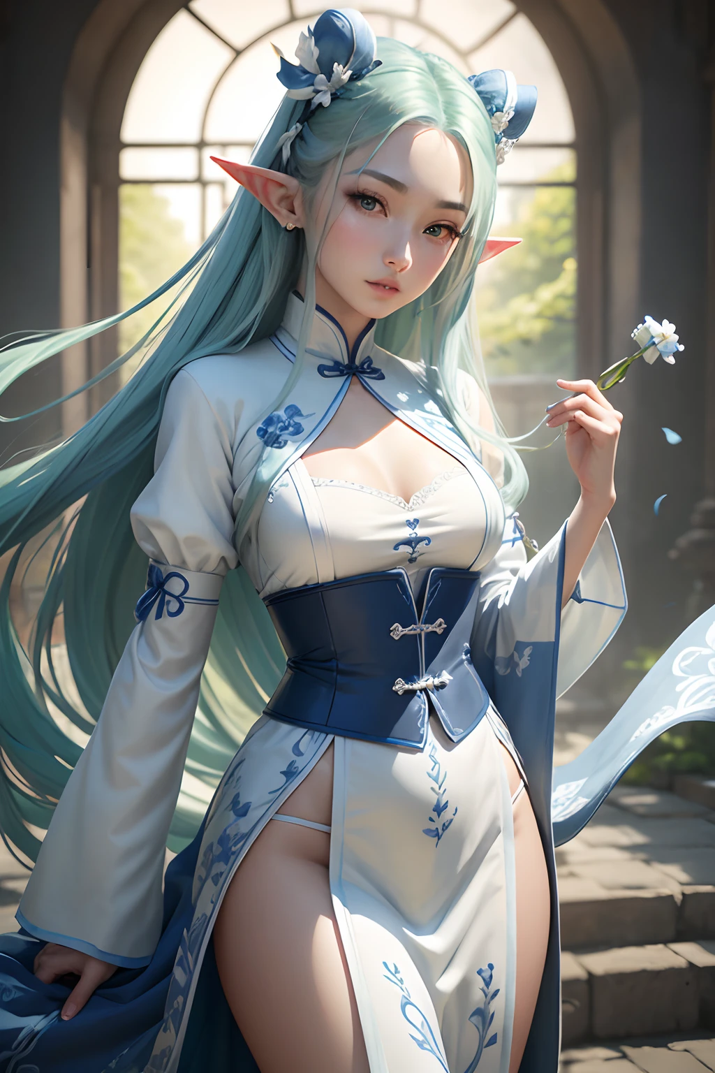 Elves with long ears,frontage,orthofacial,Blue and white porcelain style,Ancient Chinese clothing,The costume is decorated with blue and white porcelain motifs,ancient china art style,Fashion model 20 years old, perfect eyes, Perfect iris,Perfect lips,perfect teeth,Perfect skin,with fair skin,Soft front light,hdr,Movie girl,long whitr hair,Solid green background,4K Ultra HD, 超高分辨率, (Photorealistic)