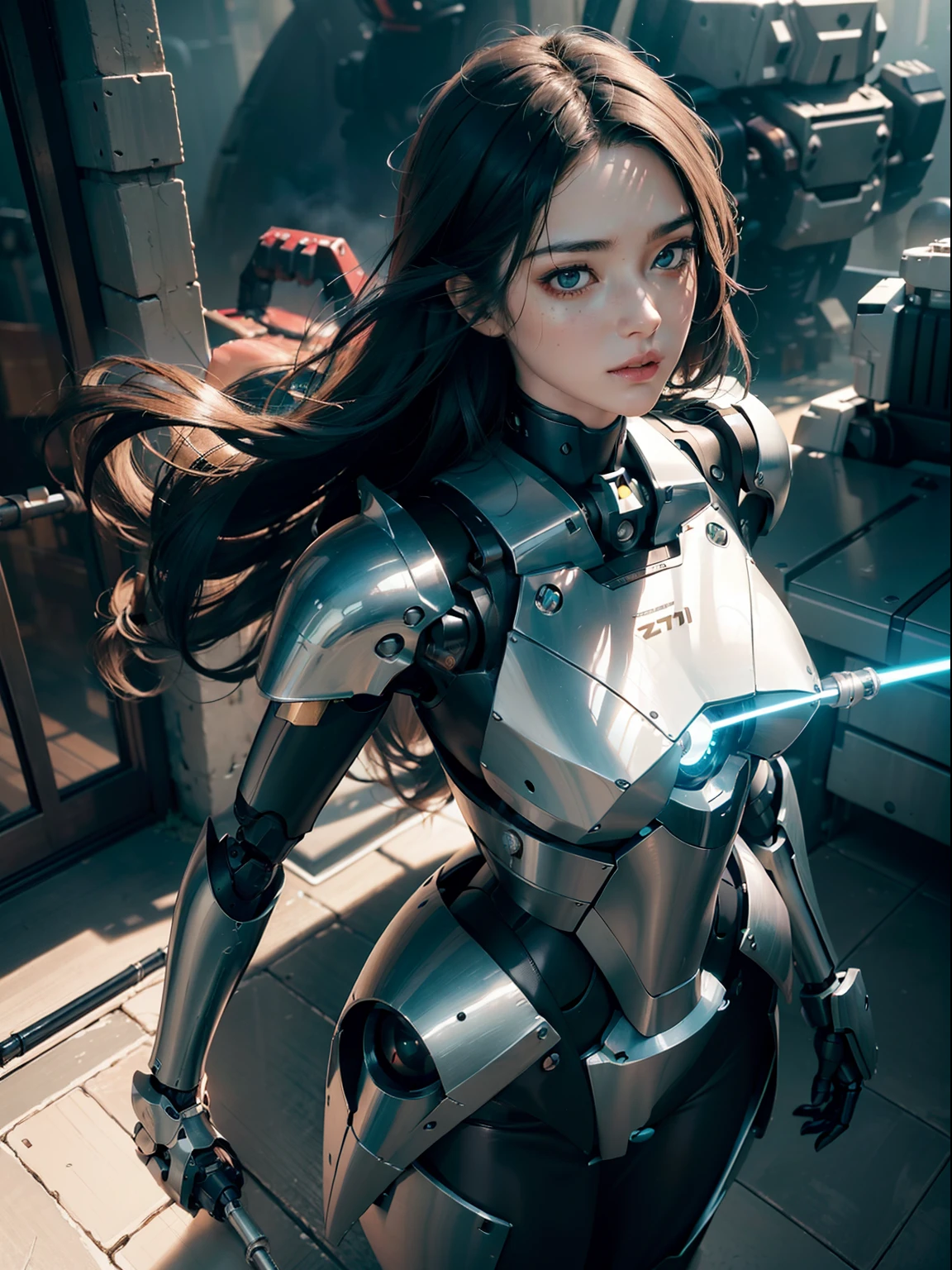 zhongfenghua, (RAW photo, best quality), (realistic, photo-realistic:1.3), extremely delicate and beautiful, Amazing, finely detail, masterpiece, ultra-detailed, highres,best illustration, best shadow,intricate,depth of field,(dramatic lighting:1.4),(from above:1.2),sharp focus, volumetric fog, 8k UHD, DSLR, high quality,( film grain:1.4), Fujifilm XT3,full body,A beautiful young woman wearing black trench coat, half human half robot face, ((1 robot,1 robot,Mechanical costalis,Mechanical spine))|Monotonous metallic color,Metal has no color, robot no color,robot girl,metallic mixture,cyborg girl)),looking at viewer, facing front, fighting stance
(Cable:1.2),(Transmission tube:1.2),(Machine eye:1.3),((Mechanical part connection)),((both arms)|(complex mechanical component:1.2~1.6)),((costalis)|(robot joints:1.2~1.6)), ,streamlinerai mecha,(lightsaber),earth,milky_way,starry,water,((armor)),water,wave